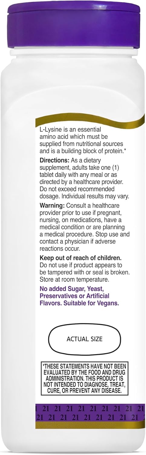 High Potency L-Lysine 1000mg Tablets for Immune Support - 90 Count, 21st Century Healthcare