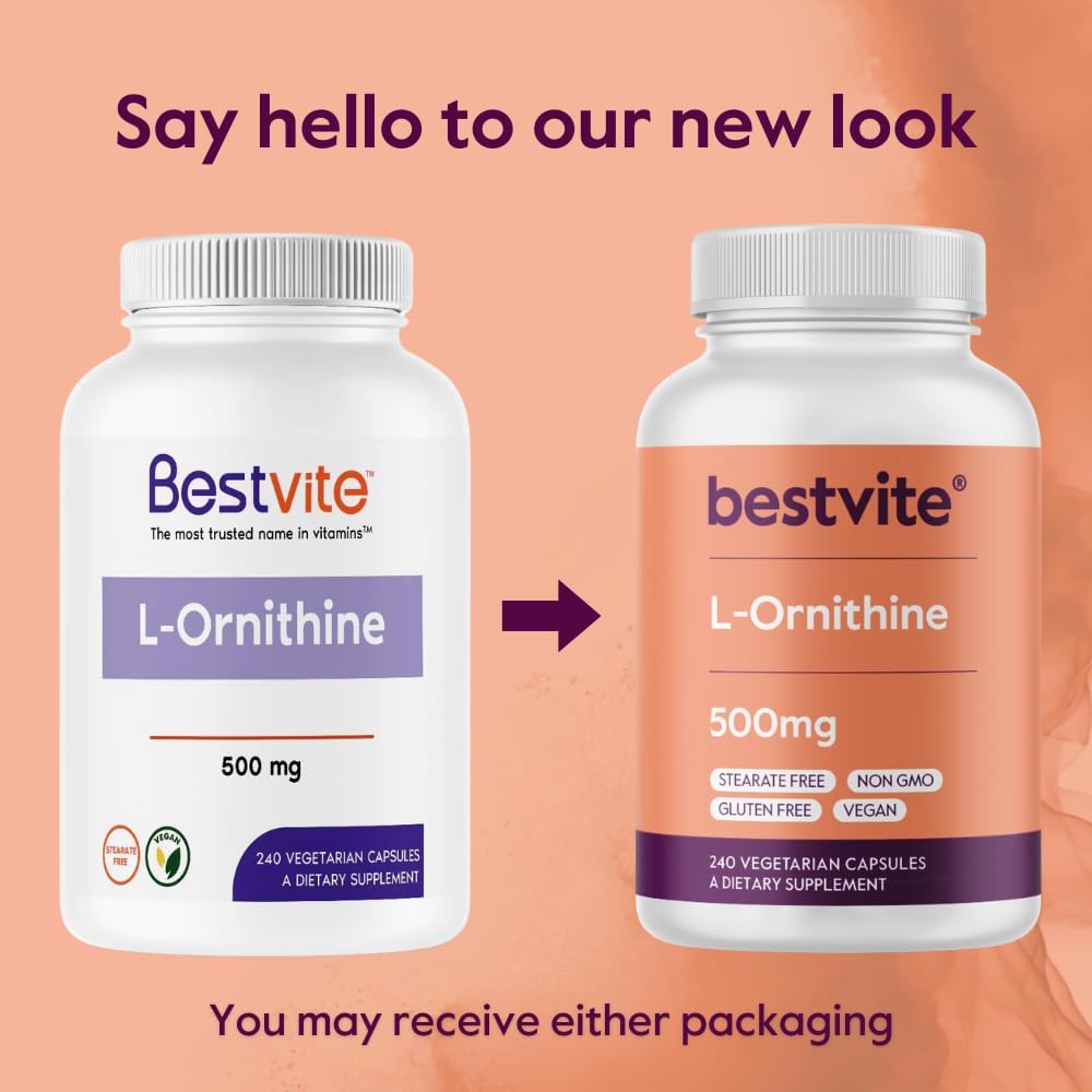 High Potency L-Ornithine 500mg Capsules - 240 Count - Vegan & Non GMO - Gluten Free - No Additives