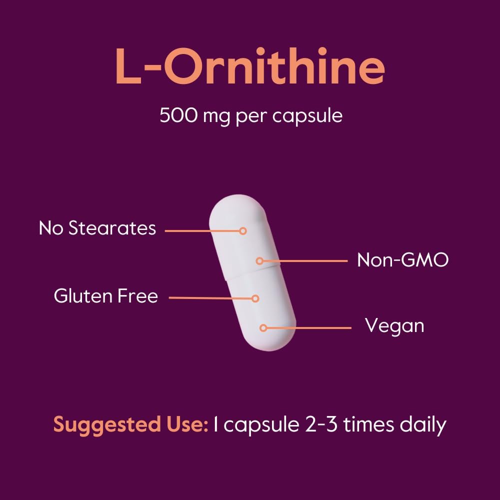High Potency L-Ornithine 500mg Capsules - 240 Count - Vegan & Non GMO - Gluten Free - No Additives
