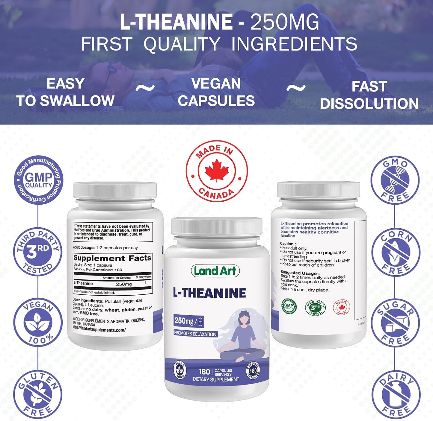 High Potency Land Art L-Theanine 250mg Vcaps - 180 Servings - Promotes Relaxation - Vegan Friendly - Bonus Size