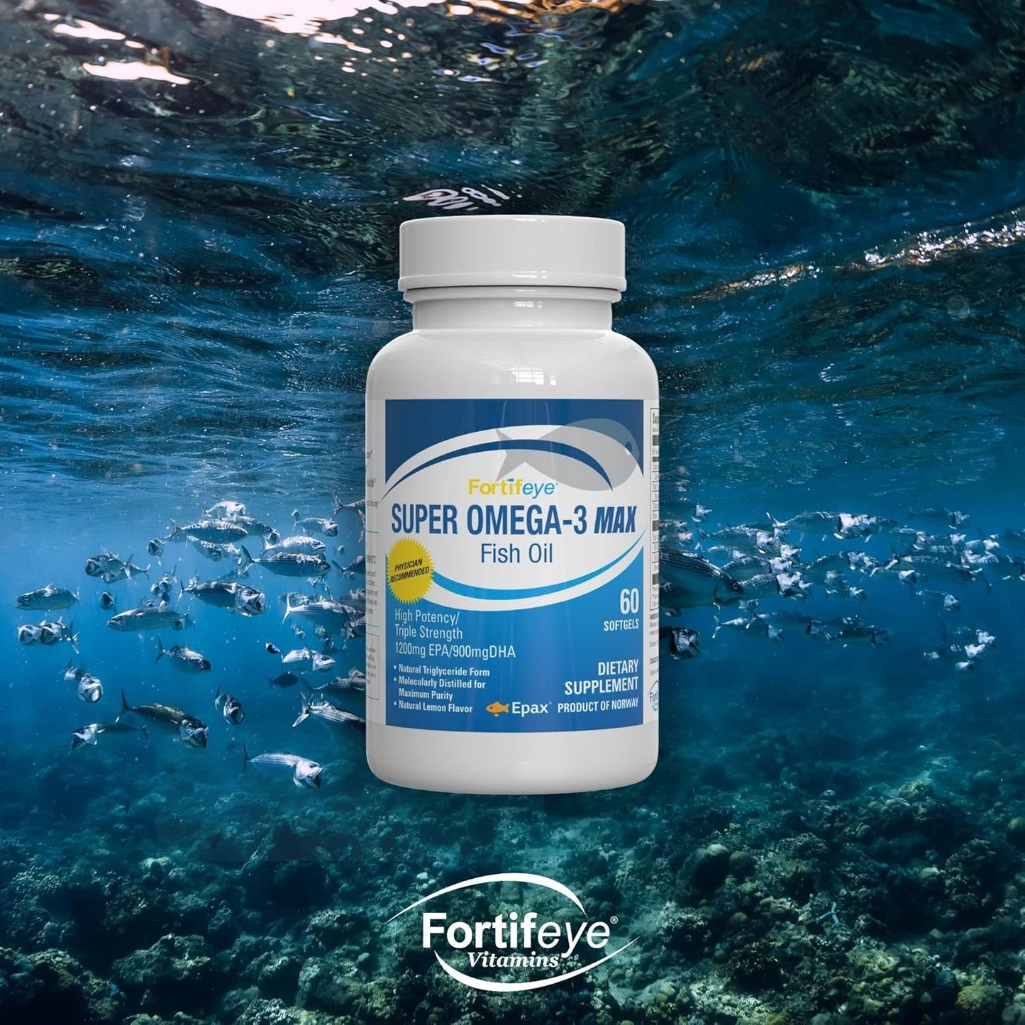 High Potency Lemon-Flavored Fortifeye Vitamins Super Omega-3 Max Fish Oil - 2400mg Omega-3 with EPA and DHA - 30 Servings