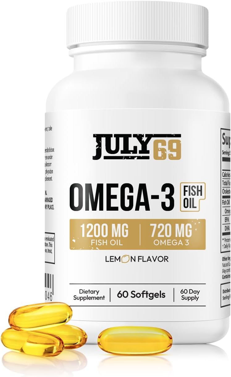 High Potency Lemon Flavored Omega 3 Fish Oil Softgels - 1200 MG Fish Oil, 720 MG Omega 3, 60 Softgels for Strength & Health in Men & Women