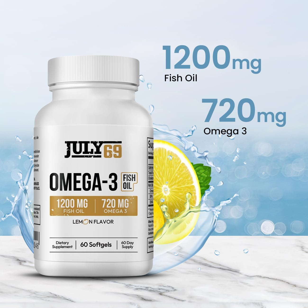 High Potency Lemon Flavored Omega 3 Fish Oil Softgels - 1200 MG Fish Oil, 720 MG Omega 3, 60 Softgels for Strength & Health in Men & Women