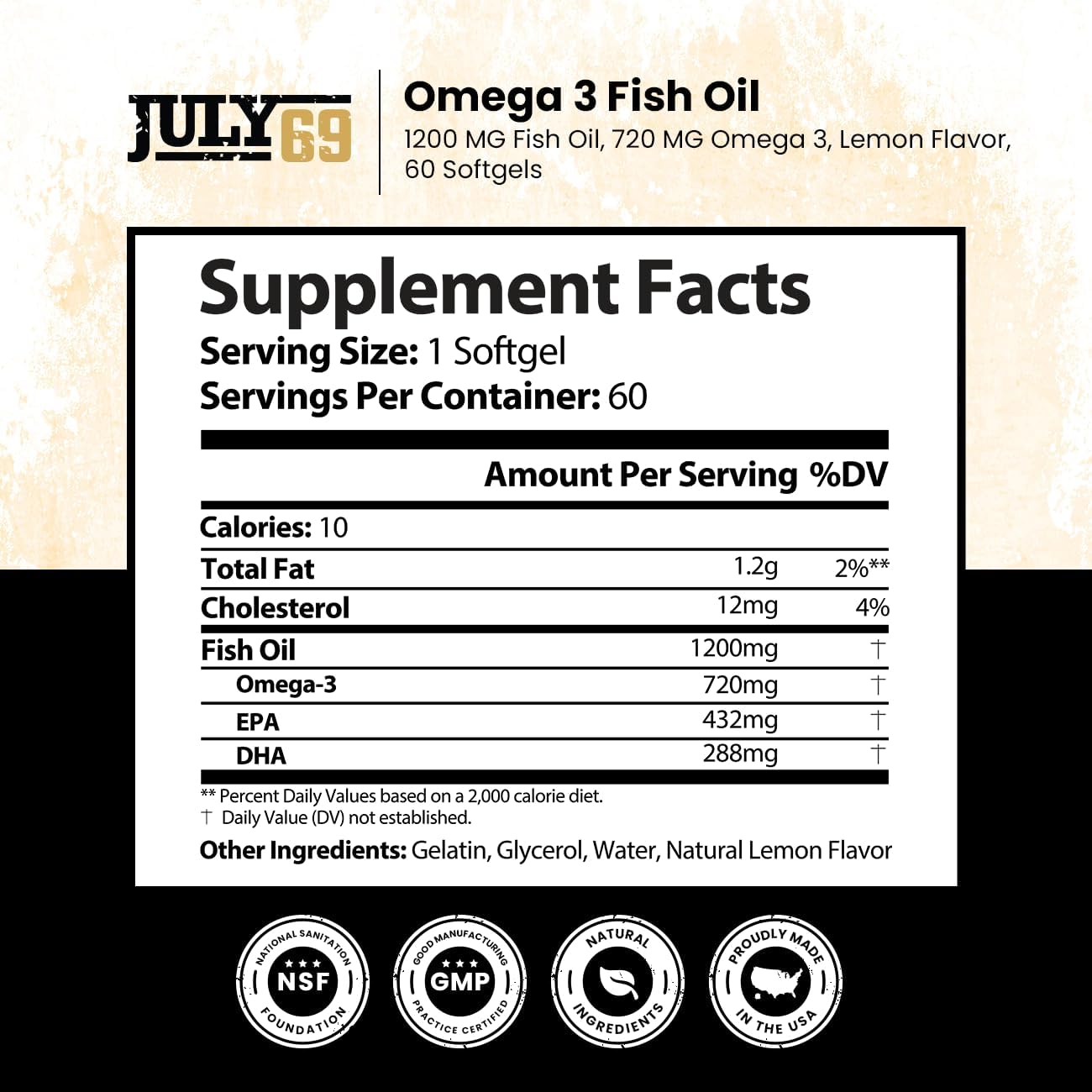 High Potency Lemon Flavored Omega 3 Fish Oil Softgels - 1200 MG Fish Oil, 720 MG Omega 3, 60 Softgels for Strength & Health in Men & Women