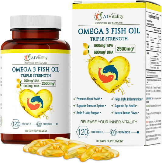 High Potency Lemon Flavored Omega 3 Fish Oil Supplement - 2500mg Triple Strength EPA DHA Softgels - Supports Brain, Heart, and Joint Health - 120 Count