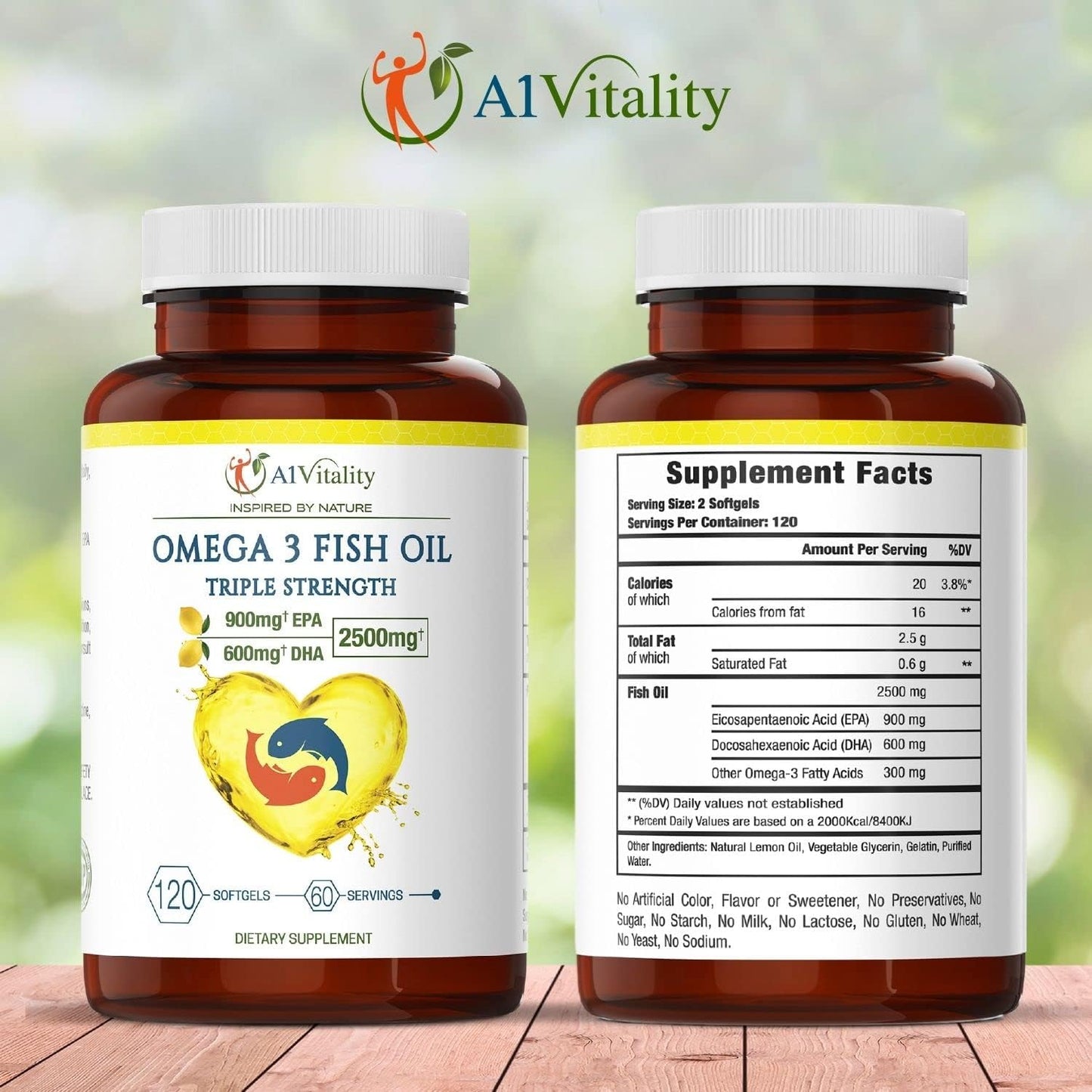 High Potency Lemon Flavored Omega 3 Fish Oil Supplement - 2500mg Triple Strength EPA DHA Softgels - Supports Brain, Heart, and Joint Health - 120 Count