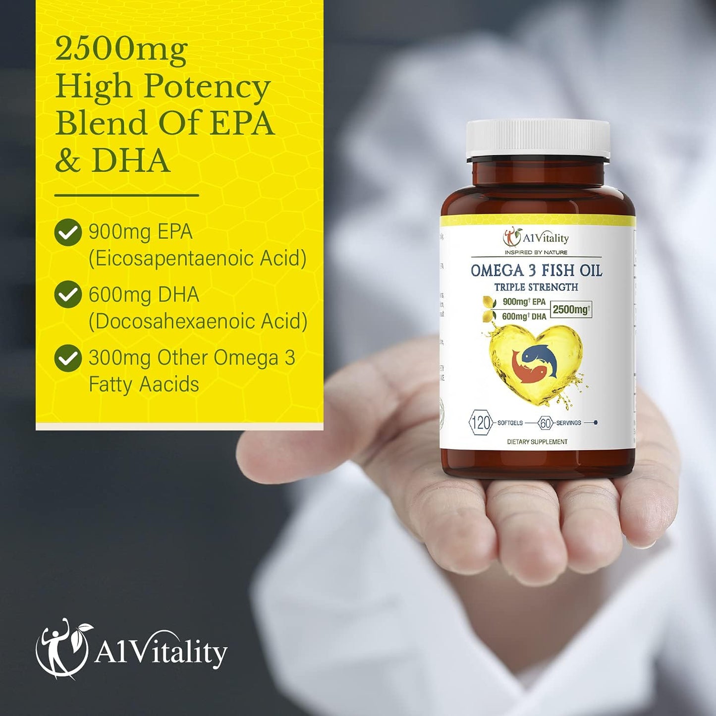 High Potency Lemon Flavored Omega 3 Fish Oil Supplement - 2500mg Triple Strength EPA DHA Softgels - Supports Brain, Heart, and Joint Health - 120 Count