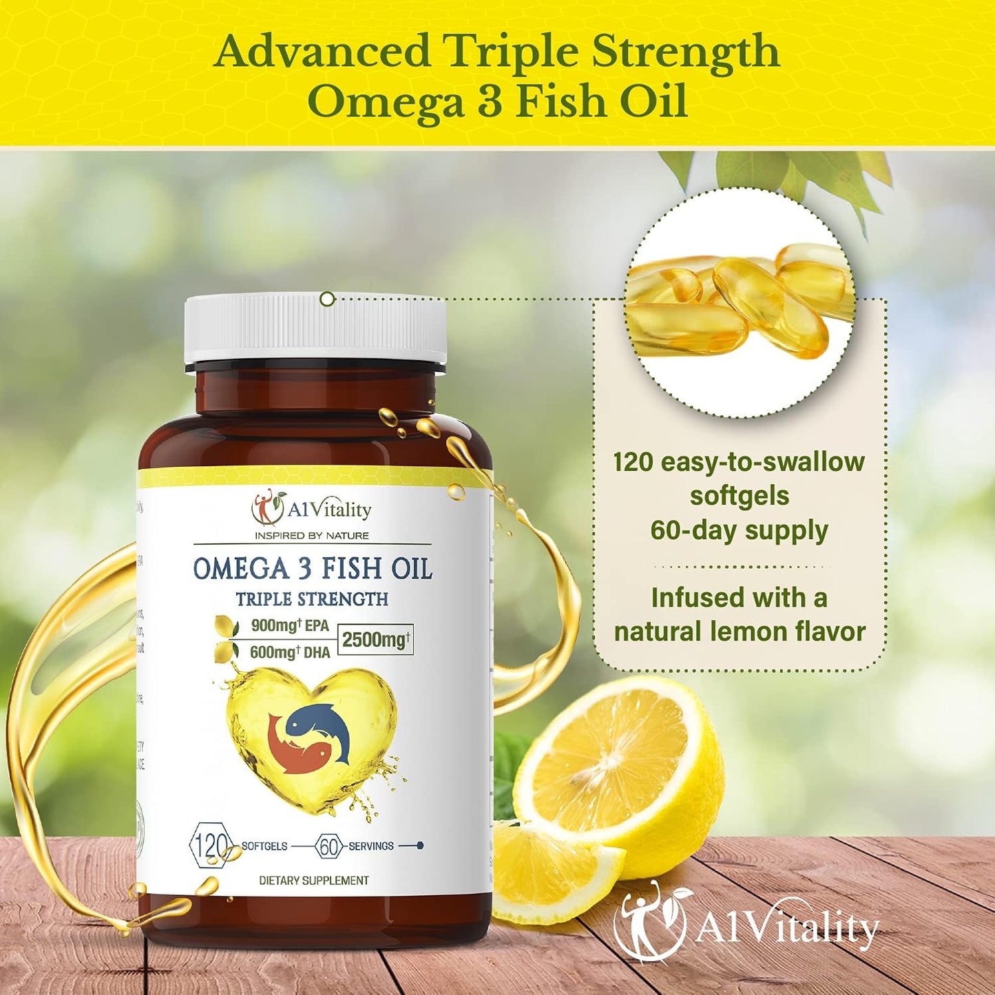 High Potency Lemon Flavored Omega 3 Fish Oil Supplement - 2500mg Triple Strength EPA DHA Softgels - Supports Brain, Heart, and Joint Health - 120 Count