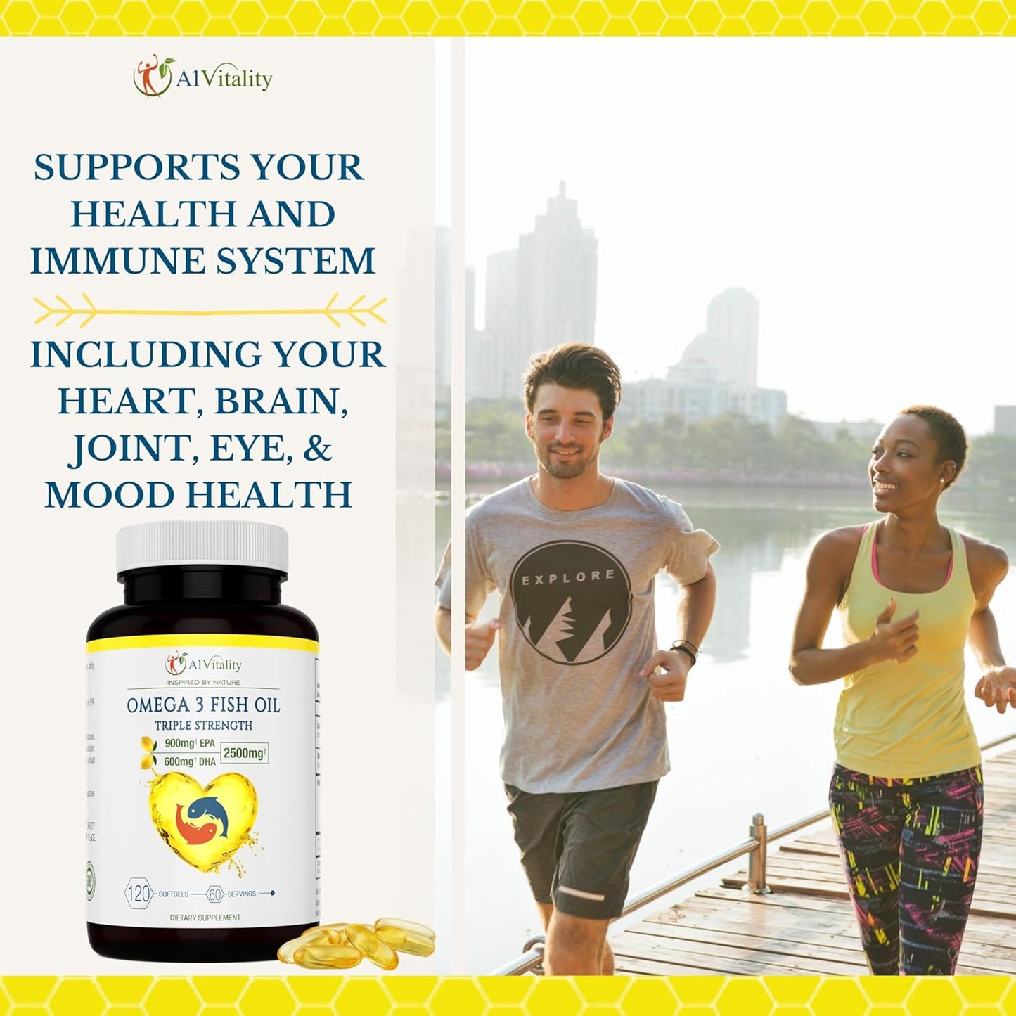 High Potency Lemon Flavored Omega 3 Fish Oil Supplement - 2500mg Triple Strength EPA DHA Softgels - Supports Brain, Heart, and Joint Health - 120 Count