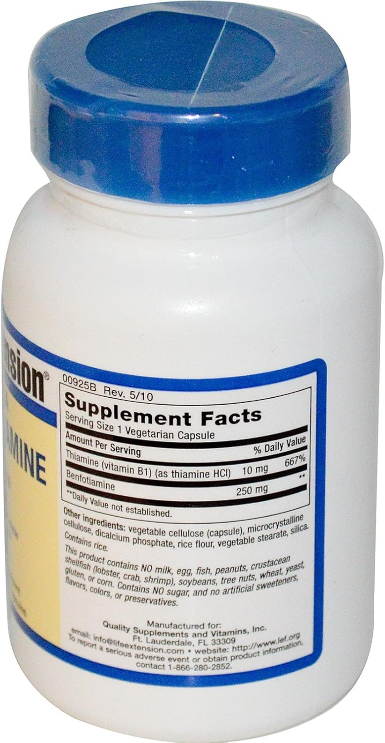 High Potency Life Extension Mega Benfotiamine Capsules - 120 Count, 250mg