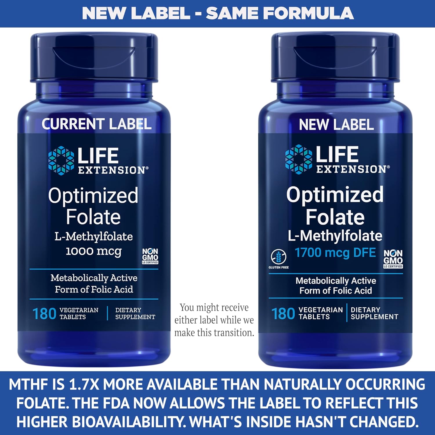 High Potency Life Extension Optimized Folate (L-Methylfolate) 1700 mcg DFE, 360 Veg Tablets (2 Pack)