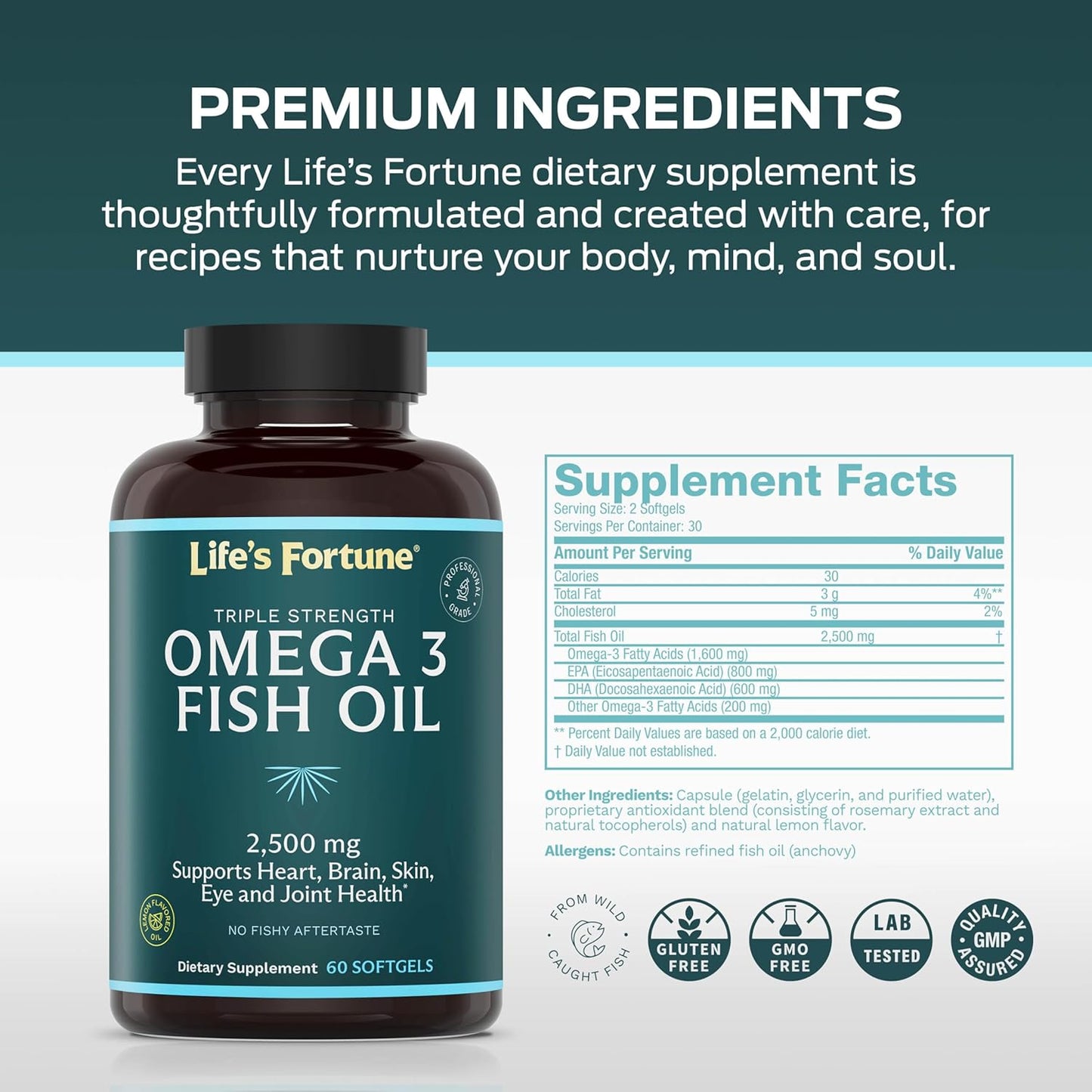 High Potency Life's Fortune Fish Oil Omega 3 Concentrate Supplement - 2500mg, 120 Softgels, EPA & DHA Fatty Acid for Heart, Brain, Skin, Joints - Non GMO