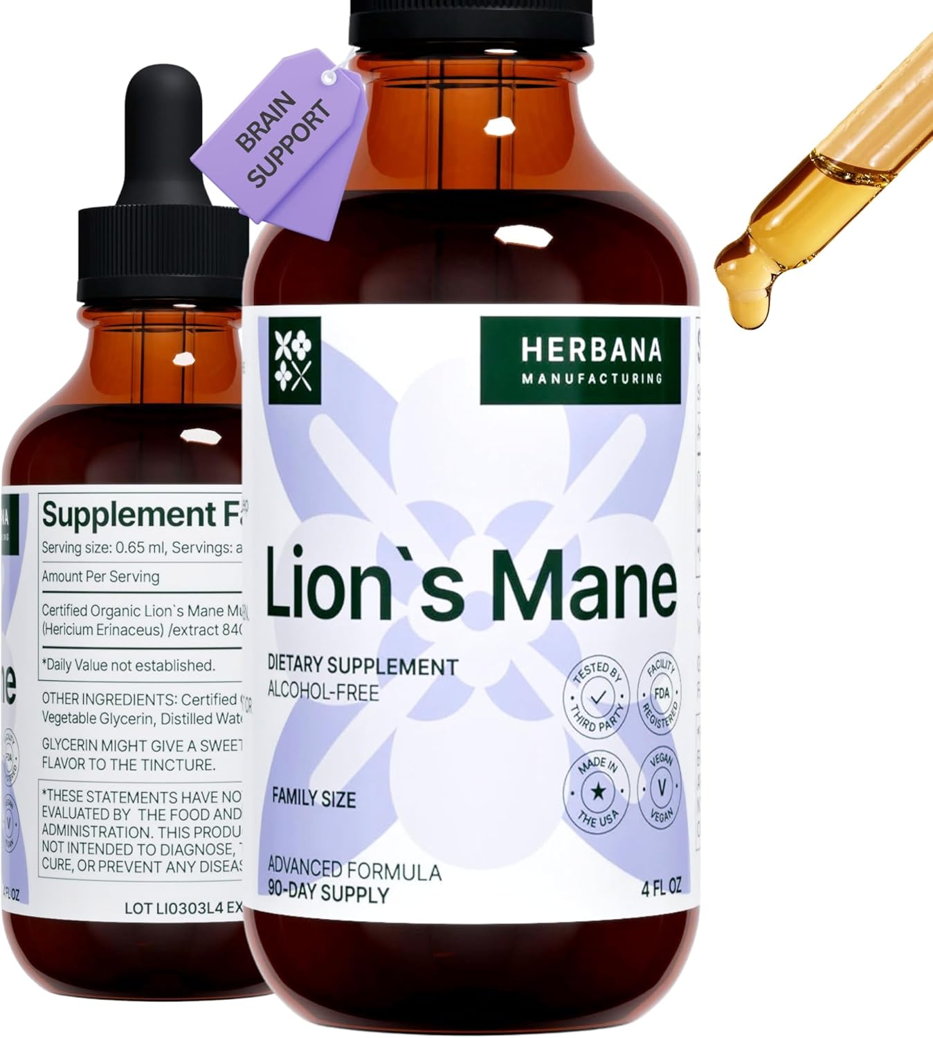 High Potency Lion's Mane Mushroom Liquid Extract for Brain, Memory, and Immune Support - 4 fl oz Tincture - Natural Drops for Mental Clarity and Focus - 90-Day Supply