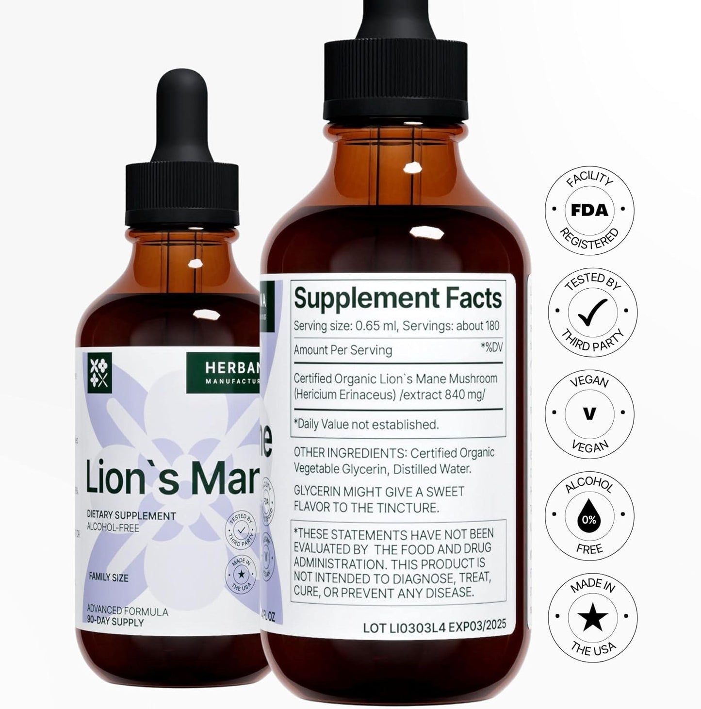 High Potency Lion's Mane Mushroom Liquid Extract for Brain, Memory, and Immune Support - 4 fl oz Tincture - Natural Drops for Mental Clarity and Focus - 90-Day Supply
