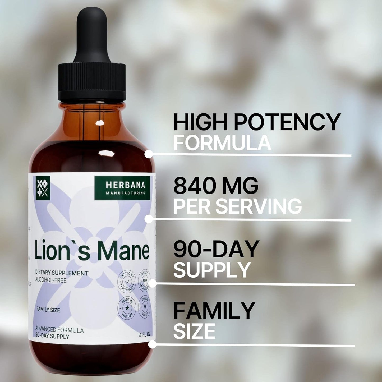High Potency Lion's Mane Mushroom Liquid Extract for Brain, Memory, and Immune Support - 4 fl oz Tincture - Natural Drops for Mental Clarity and Focus - 90-Day Supply