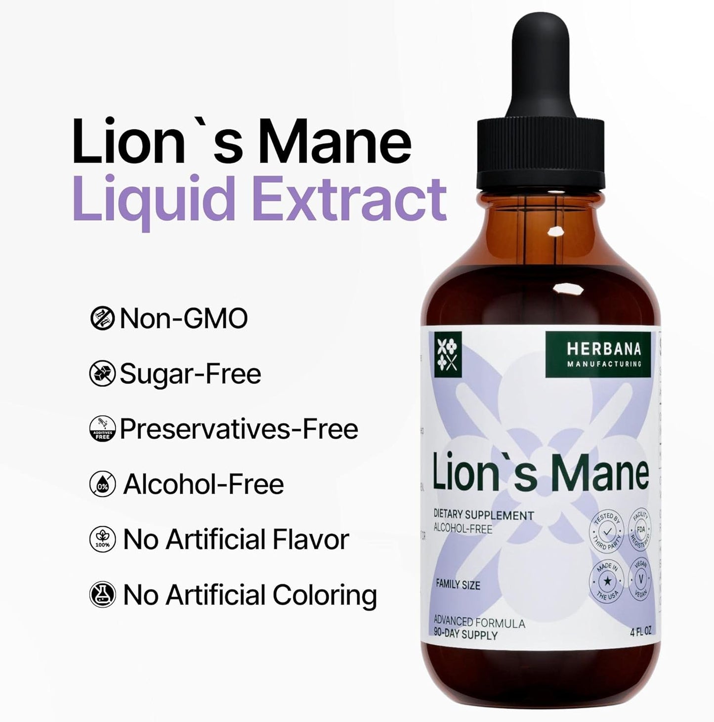 High Potency Lion's Mane Mushroom Liquid Extract for Brain, Memory, and Immune Support - 4 fl oz Tincture - Natural Drops for Mental Clarity and Focus - 90-Day Supply