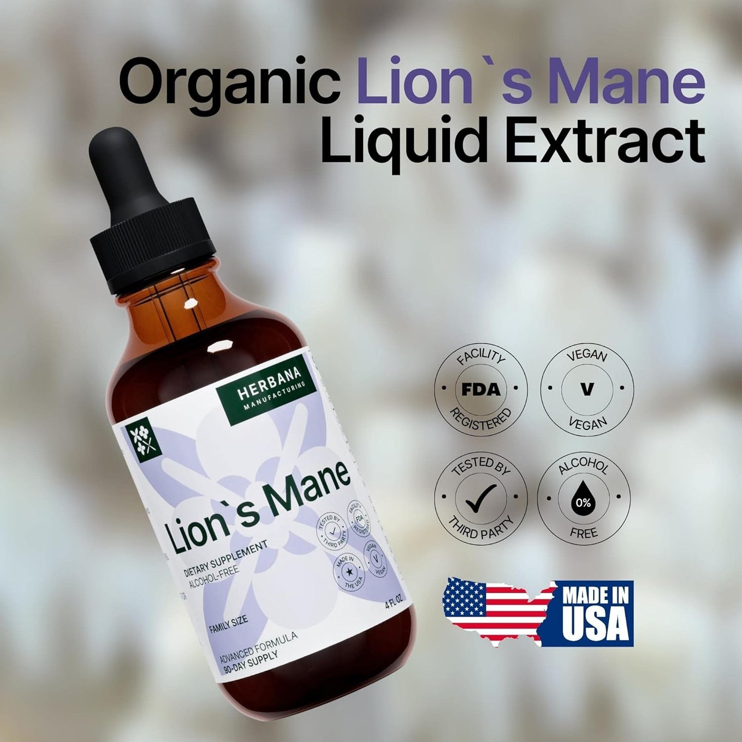 High Potency Lion's Mane Mushroom Liquid Extract for Brain, Memory, and Immune Support - 4 fl oz Tincture - Natural Drops for Mental Clarity and Focus - 90-Day Supply