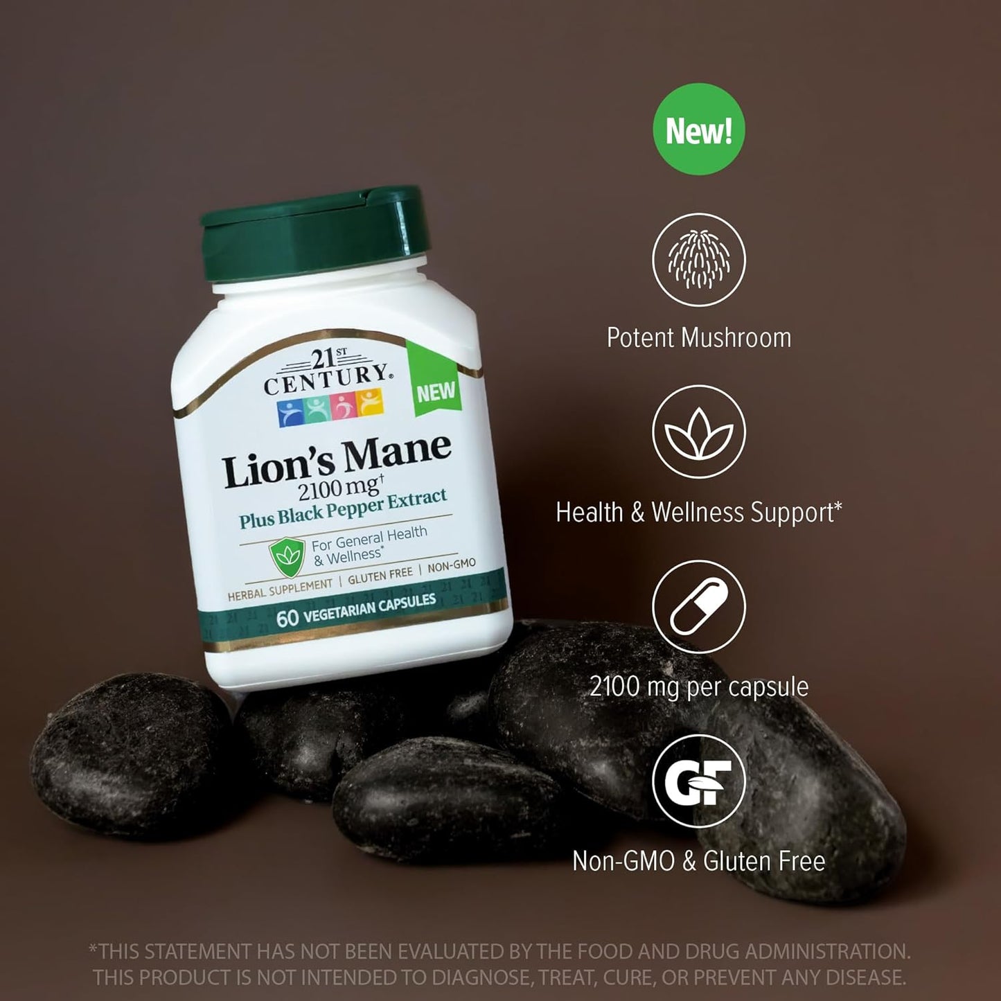 High Potency Lion's Mane Mushroom Supplement with Black Pepper Extract - 2,100mg, 60 Capsules - Vegetarian Formula