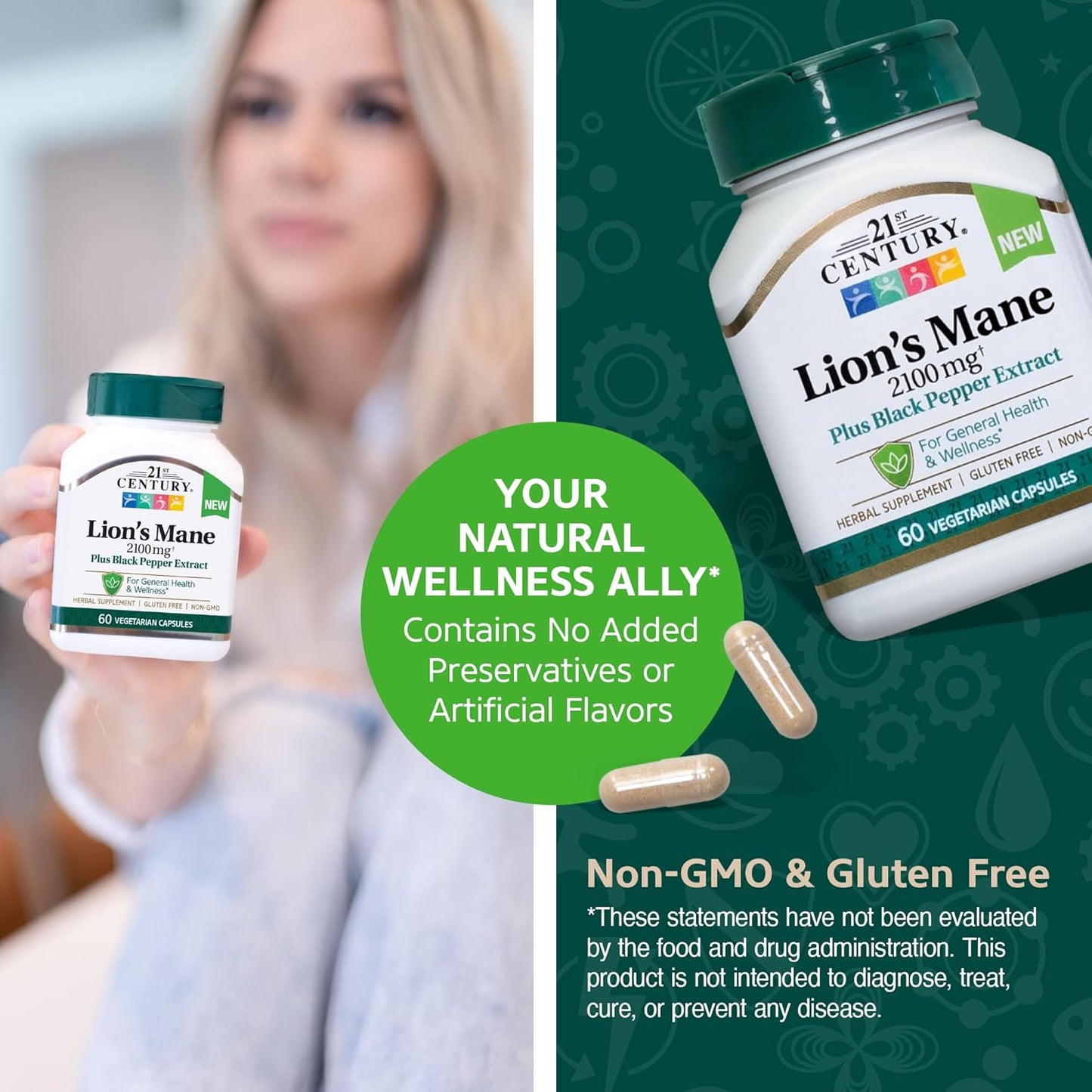High Potency Lion's Mane Mushroom Supplement with Black Pepper Extract - 2,100mg, 60 Capsules - Vegetarian Formula