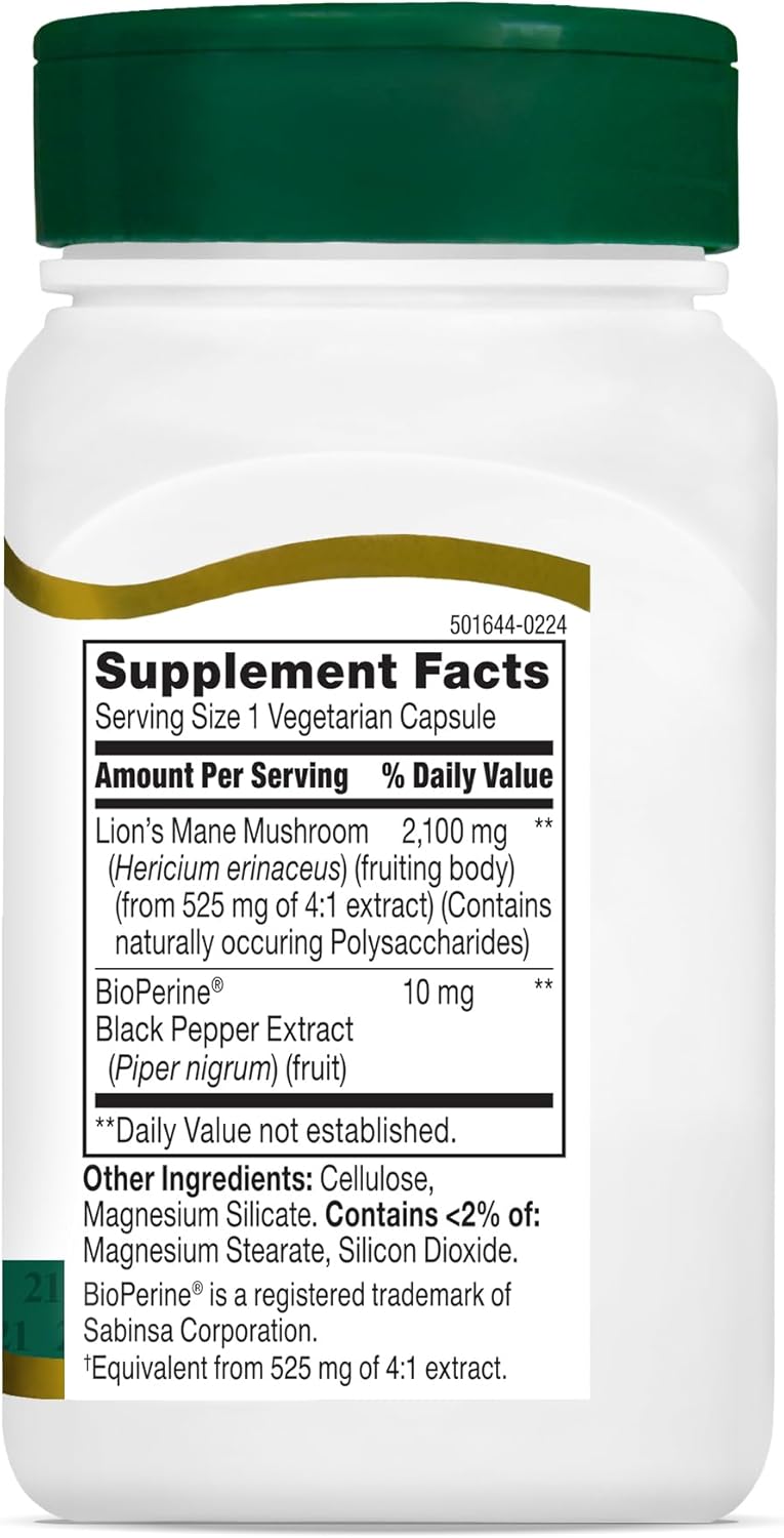 High Potency Lion's Mane Mushroom Supplement with Black Pepper Extract - 2,100mg, 60 Capsules - Vegetarian Formula