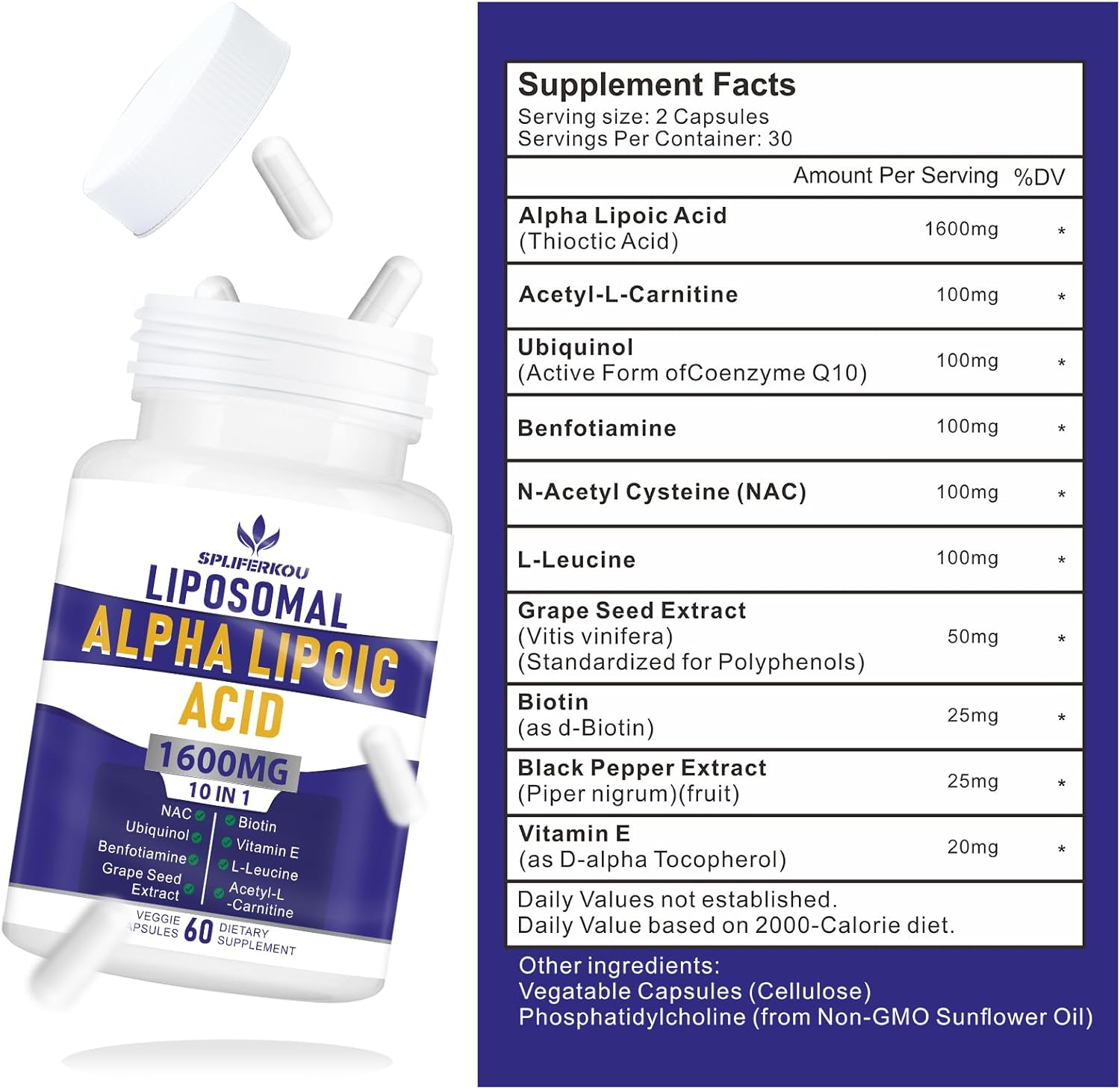 High Potency Liposomal Alpha Lipoic Acid 1600mg - Antioxidant & Energy Support - 180 Capsules - Gluten Free & Non GMO