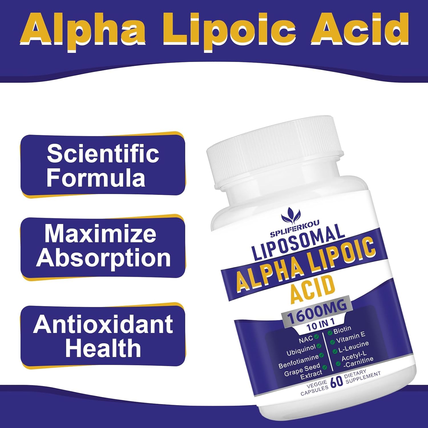 High Potency Liposomal Alpha Lipoic Acid 1600mg - Antioxidant & Energy Support - 180 Capsules - Gluten Free & Non GMO