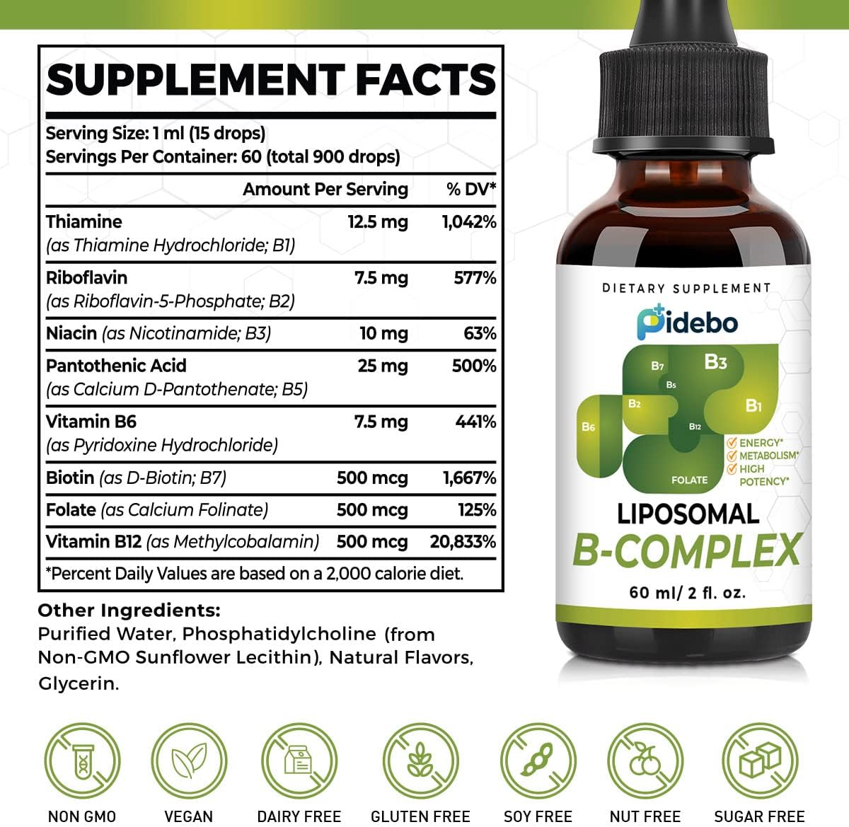 High Potency Liposomal B Complex Liquid Drops - 2 Month Supply - B1, B2, B3, B5, B6, Biotin, Folate, Methylated B12 - Liquid Vitamins