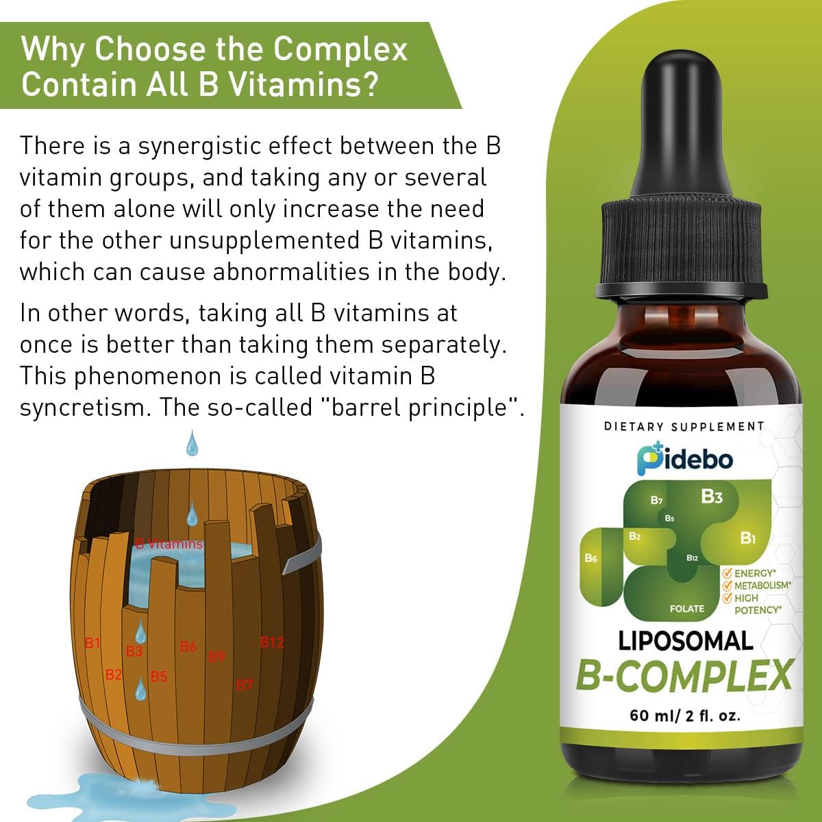 High Potency Liposomal B Complex Liquid Drops - 2 Month Supply - B1, B2, B3, B5, B6, Biotin, Folate, Methylated B12 - Liquid Vitamins