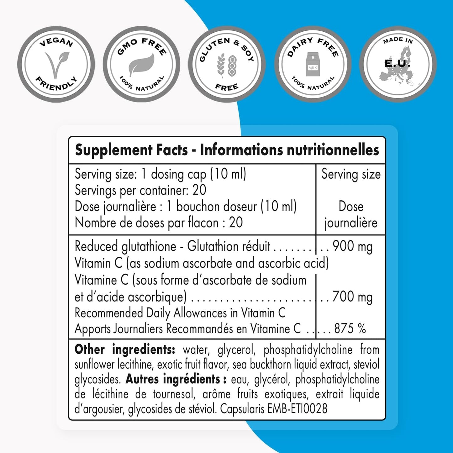 High Potency Liposomal Glutathione Liquid with Vitamin C - 900mg Daily Dosage - Enhanced Antioxidant Formula - Non-GMO & Gluten Free - 200ml - 20 Servings
