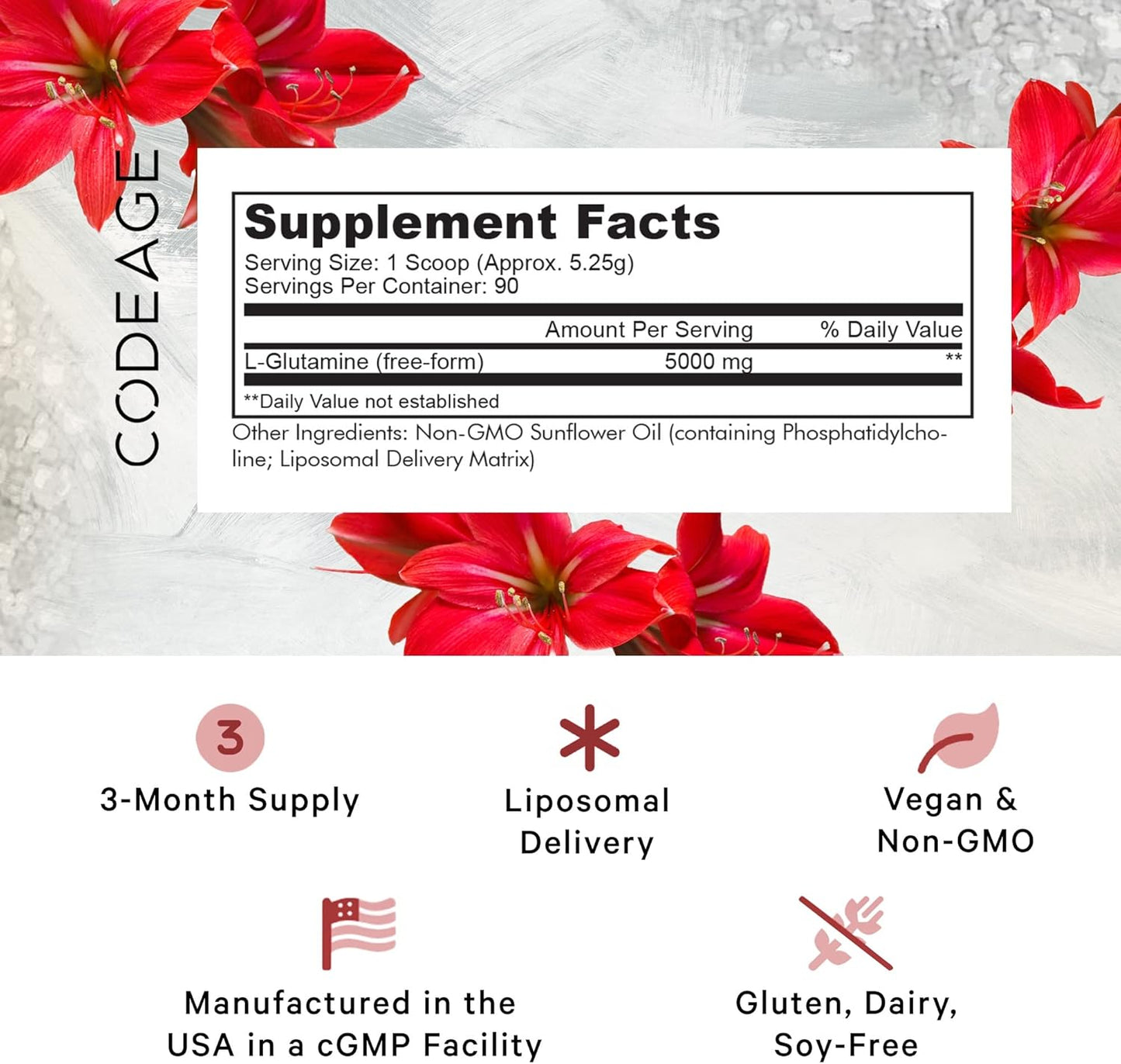 High-Potency Liposomal L-Glutamine Powder - 5,000 mg per Serving - 3-Month Supply - Unflavored - Non-GMO - Gluten-Free