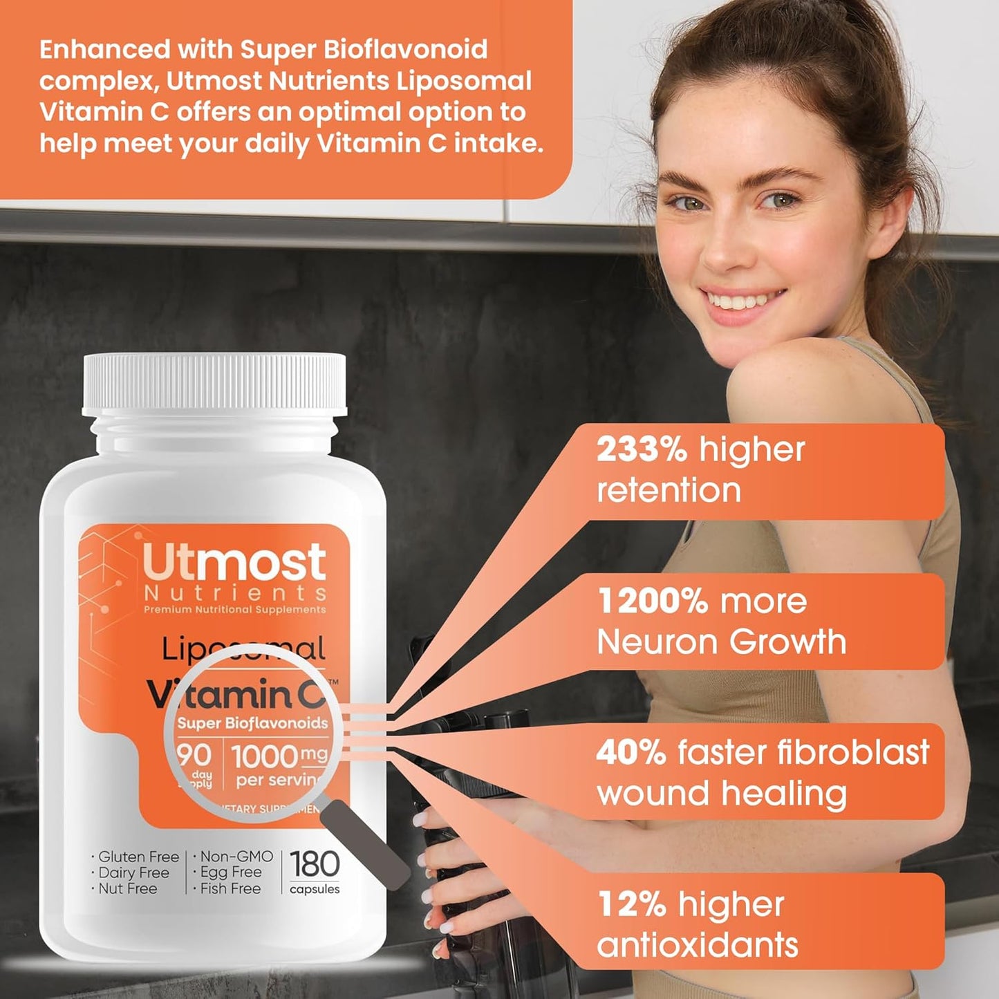 High Potency Liposomal Vitamin C with Super Bioflavonoids - 1000MG Vitamin C and 100MG Bioflavonoid Complex - Natural Wellness Boost for Adults - 180 Capsules
