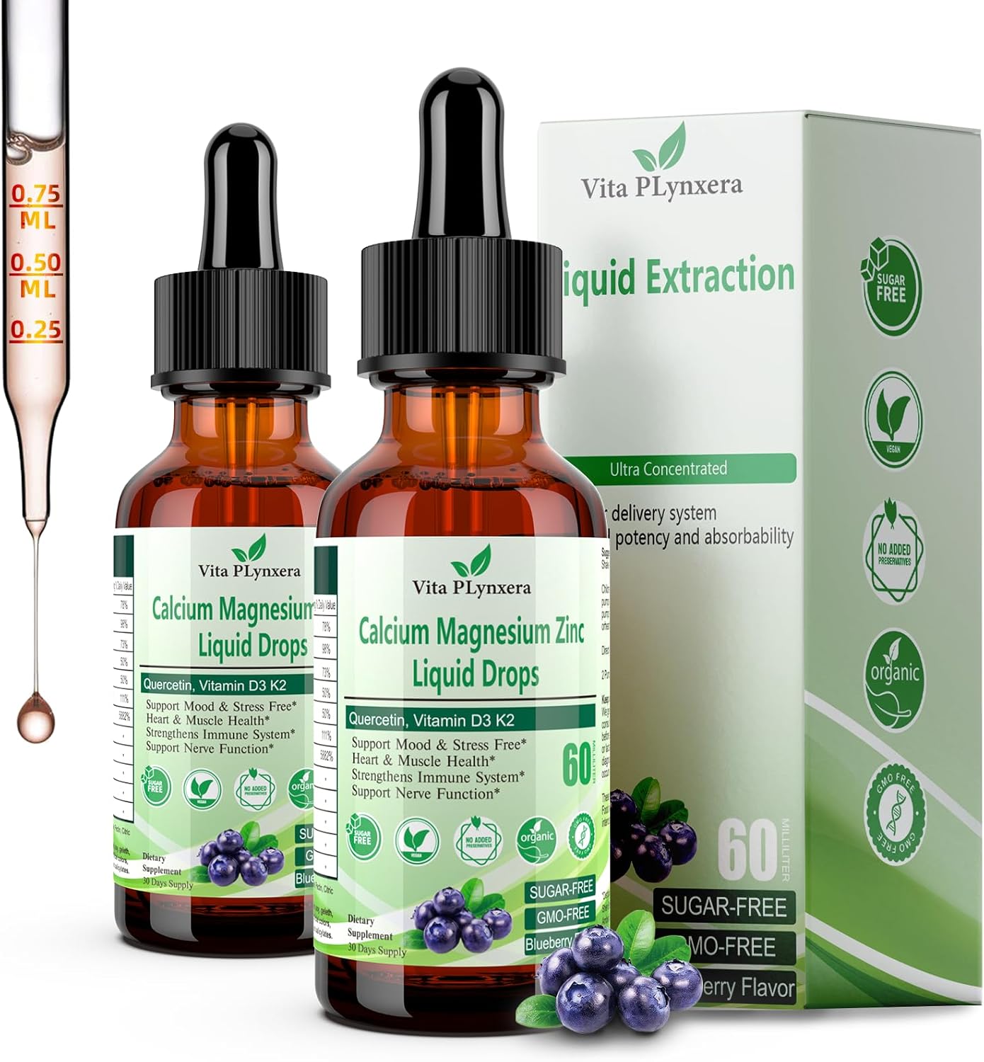 High Potency Liquid Calcium Magnesium Drops with Vitamin D3, K2, B6, Omega-3, Herbal Supplement for Bone, Muscle, Relaxation, Sleep - Vita PLynxera 2 Pack