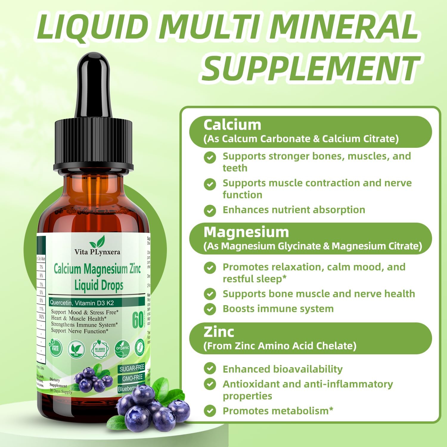 High Potency Liquid Calcium Magnesium Drops with Vitamin D3, K2, B6, Omega-3 for Bone, Muscle, Relaxation & Sleep