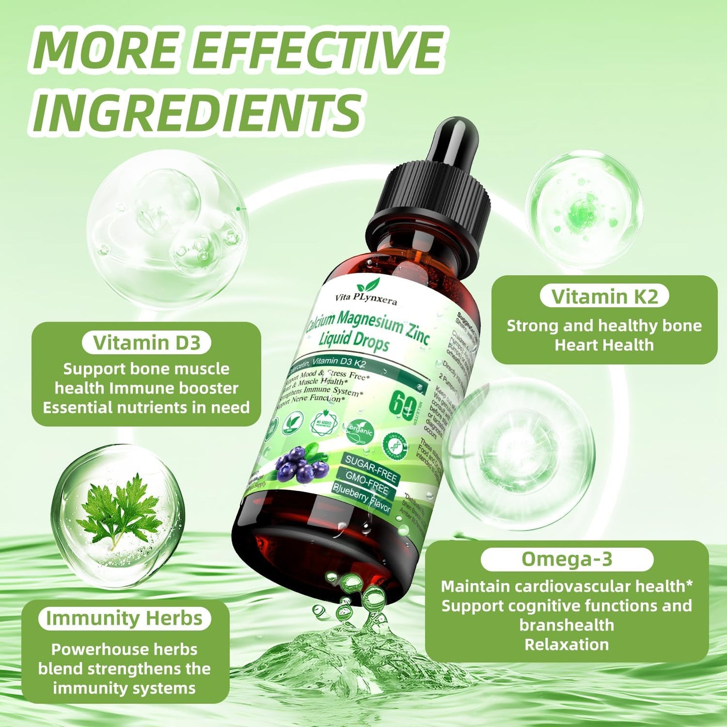 High Potency Liquid Calcium Magnesium Drops with Vitamin D3, K2, B6, Omega-3, Herbal Supplement for Bone, Muscle, Relaxation, Sleep - Vita PLynxera 2 Pack