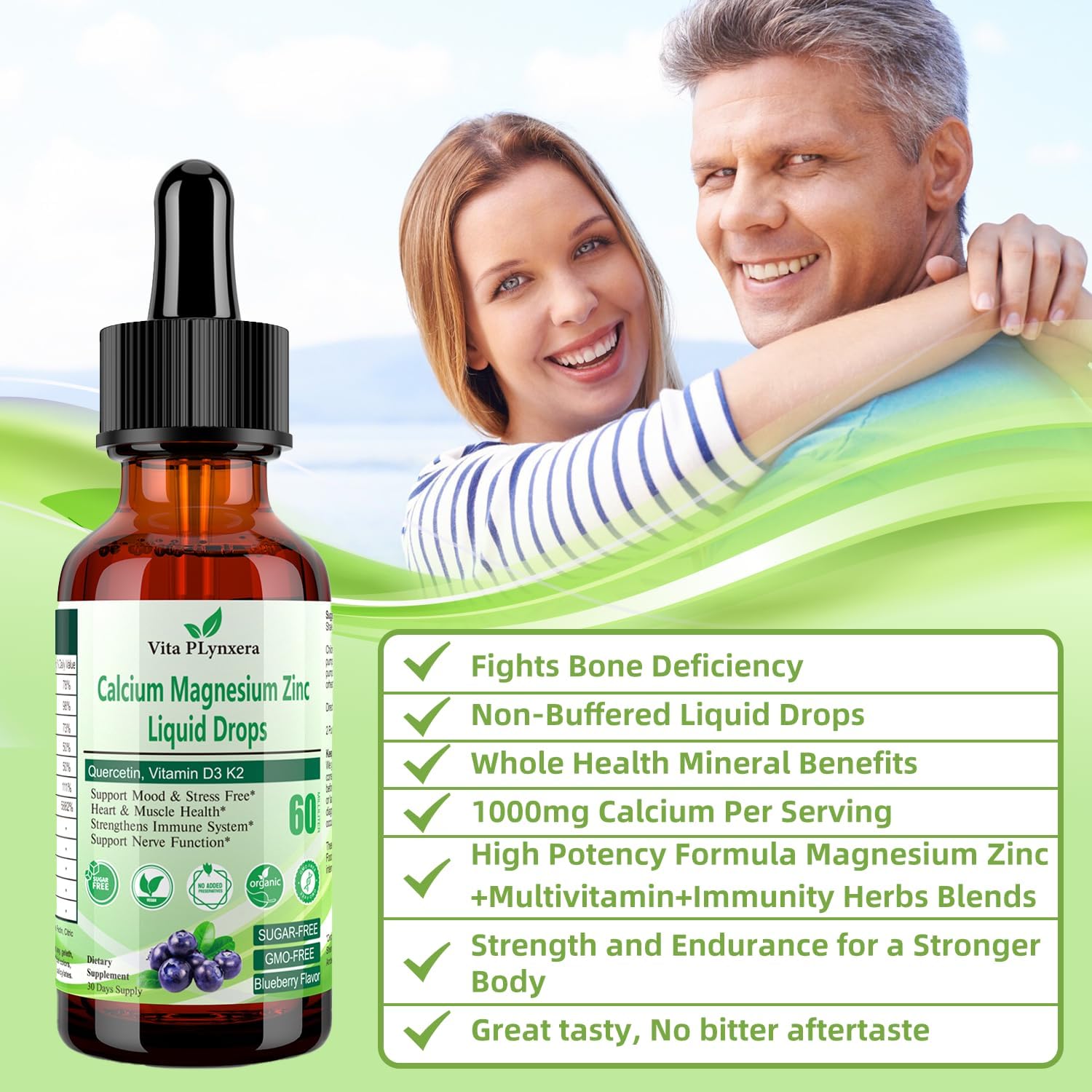 High Potency Liquid Calcium Magnesium Drops with Vitamin D3, K2, B6, Omega-3 for Bone, Muscle, Relaxation & Sleep