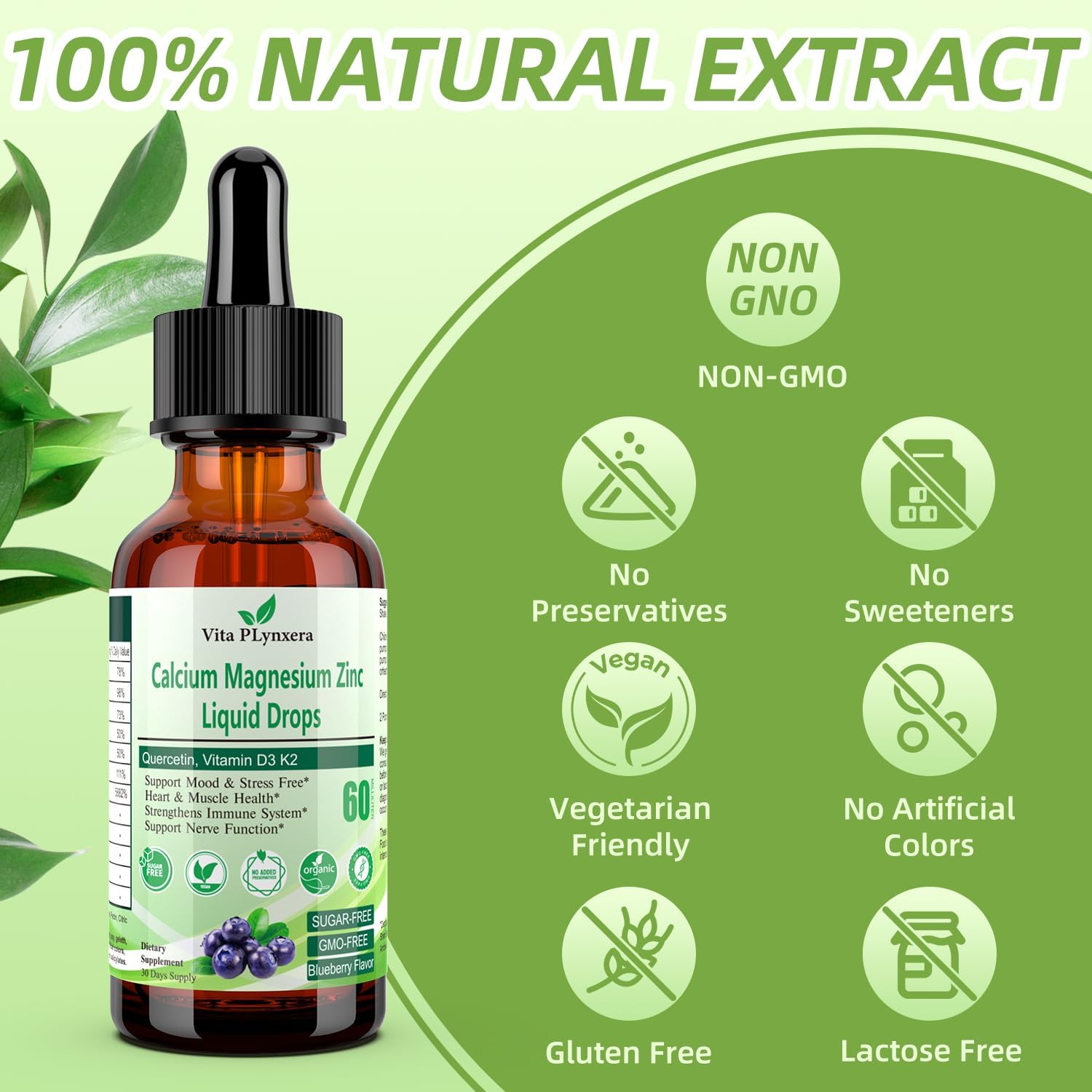 High Potency Liquid Calcium Magnesium Drops with Vitamin D3, K2, B6, Omega-3 for Bone, Muscle, Relaxation & Sleep