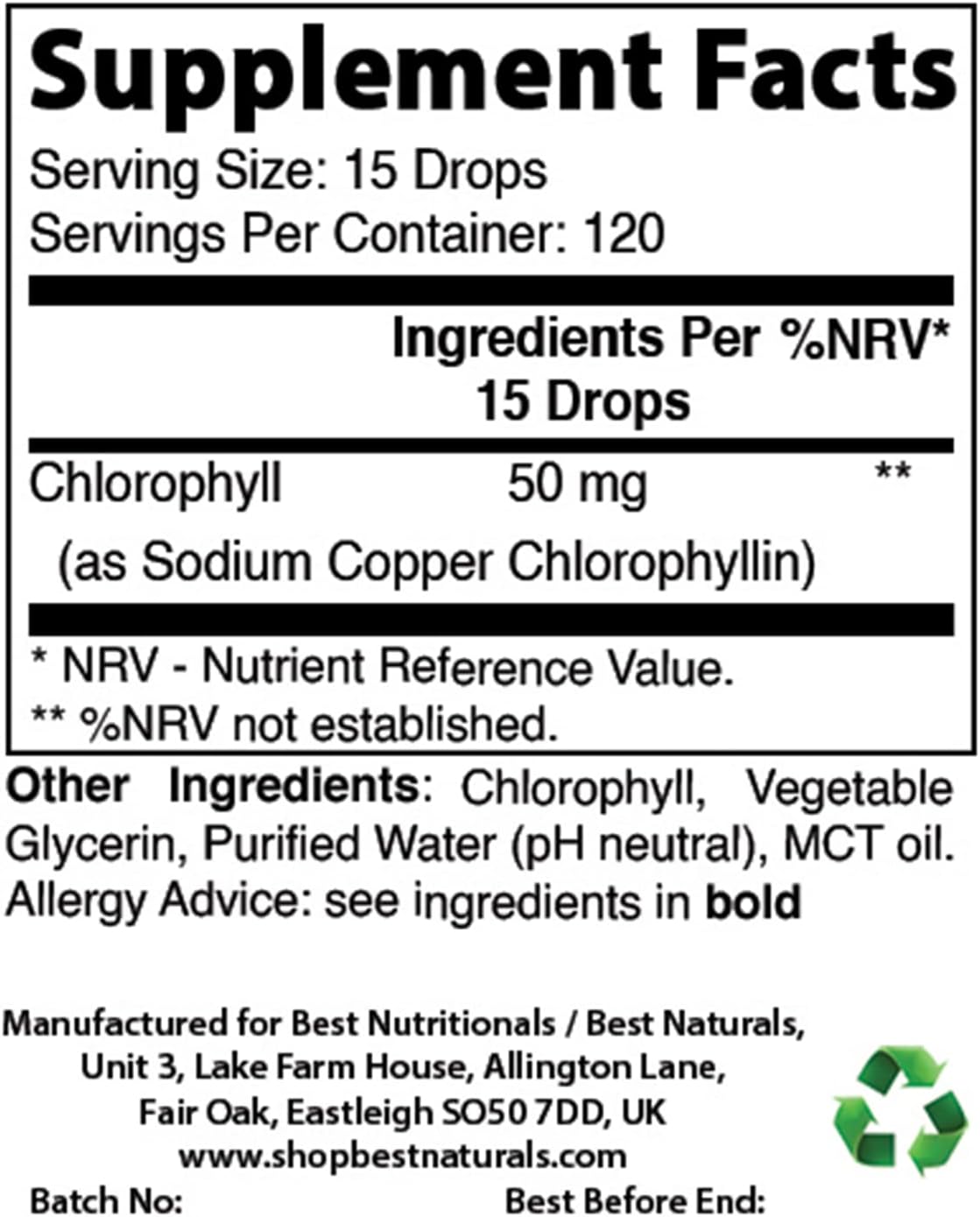 High Potency Liquid Chlorophyll Drops - 50 mg - 120 Servings - 2 FL OZ Glass Bottle