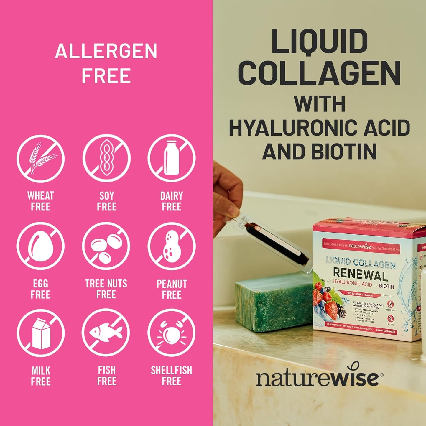 High-Potency Liquid Collagen with Biotin for Hair, Skin, and Nails - Mixed Berry Flavor - 10 Tubes