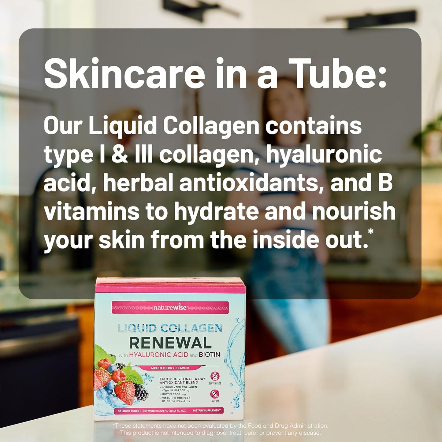 High-Potency Liquid Collagen with Biotin for Hair, Skin, and Nails - Mixed Berry Flavor - 10 Tubes