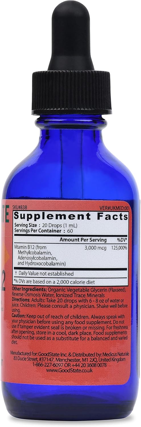 High Potency Liquid Hydro B12 Supplement | 2oz Bottle | 3,000 mcg per 1 mL | 60 Servings | Methylcobalamin, Adenosylcobalamin, & Hydroxocobalamin | Vegan