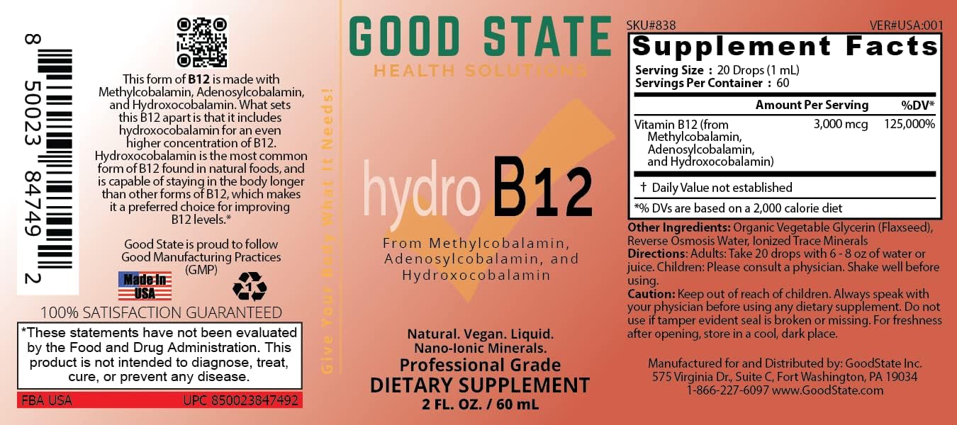 High Potency Liquid Hydro B12 Supplement | 2oz Bottle | 3,000 mcg per 1 mL | 60 Servings | Methylcobalamin, Adenosylcobalamin, & Hydroxocobalamin | Vegan