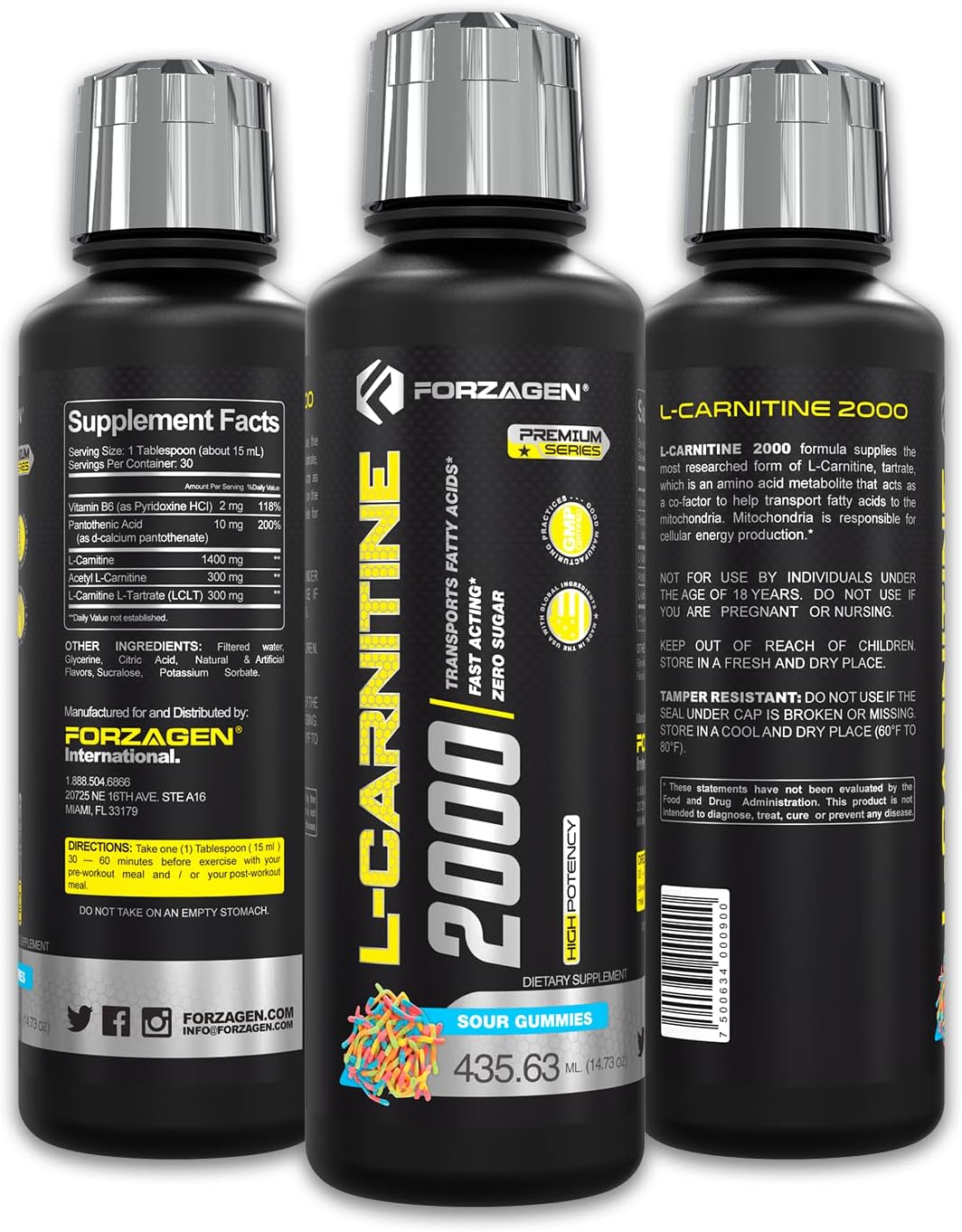 High Potency Liquid L-Carnitine with Vitamin B6 and Acetyl-L-Carnitine - 30 Servings of Sour Gummies with L-Tartrate - Forzagen L-Carnitine 2000