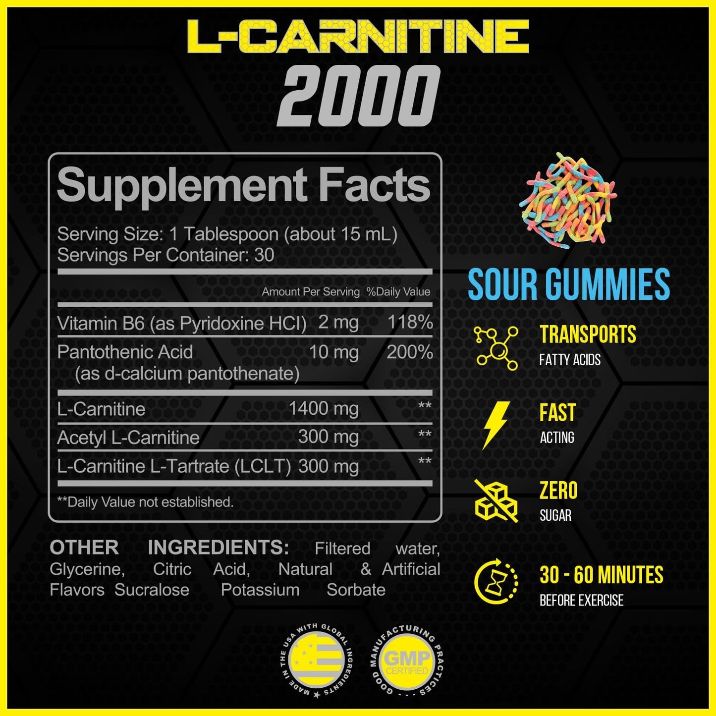 High Potency Liquid L-Carnitine with Vitamin B6 and Acetyl-L-Carnitine - 30 Servings of Sour Gummies with L-Tartrate - Forzagen L-Carnitine 2000