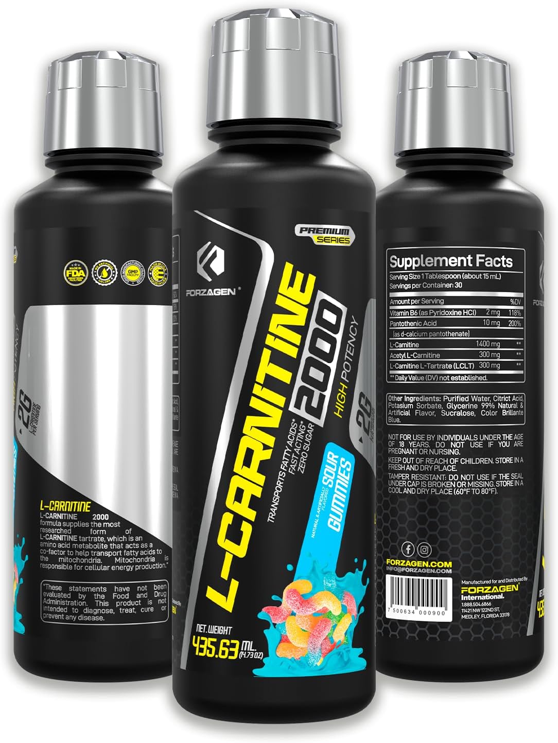 High Potency Liquid L-Carnitine with Vitamin B6 and Acetyl-L-Carnitine - 30 Servings of Sour Gummies with L-Tartrate - Forzagen L-Carnitine 2000