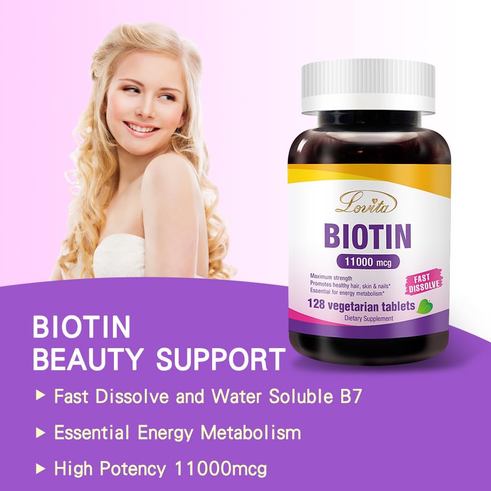 High Potency Lovita Biotin 11000mcg Tablets for Hair, Skin, and Nails Growth - 128 Vegetarian Dissolvable Tablets