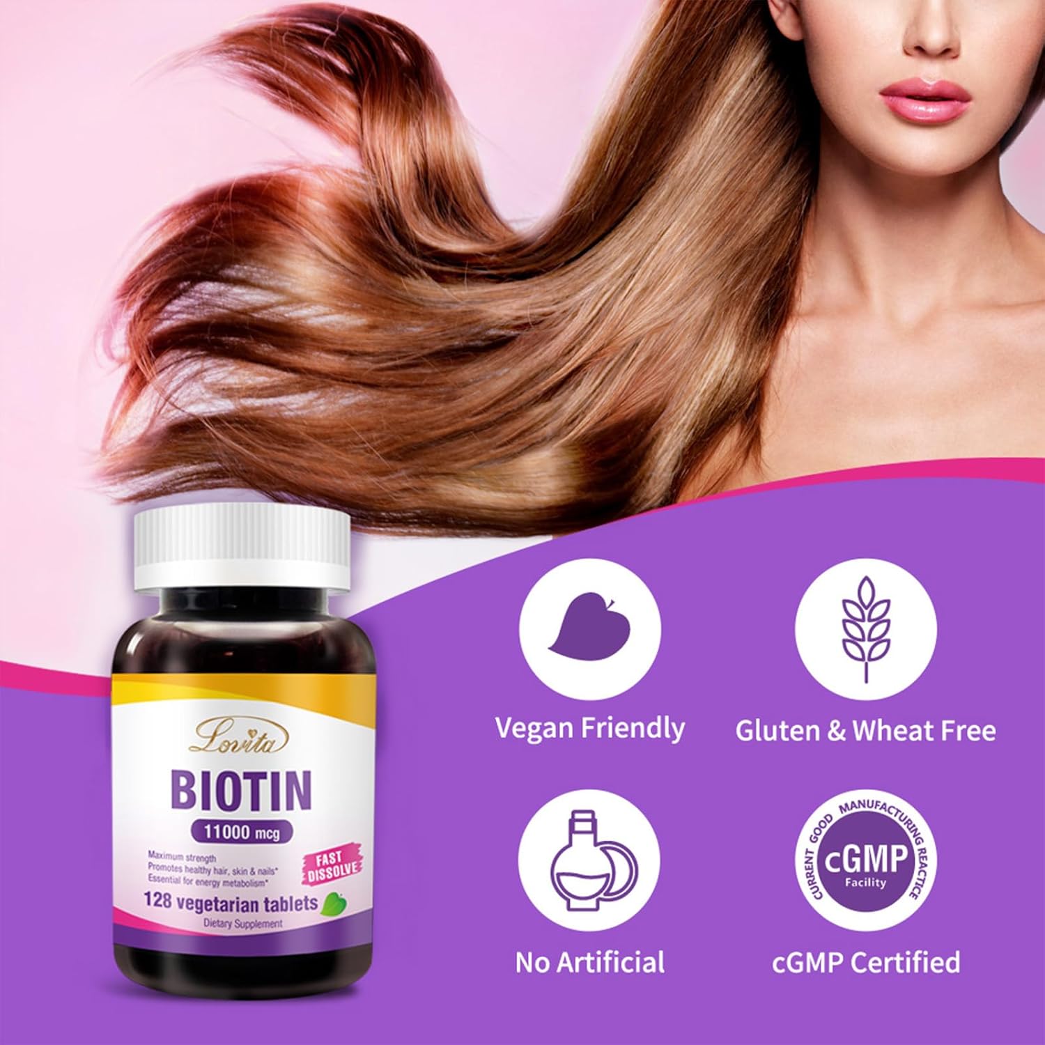 High Potency Lovita Biotin 11000mcg Tablets for Hair, Skin, and Nails Growth - 128 Vegetarian Dissolvable Tablets