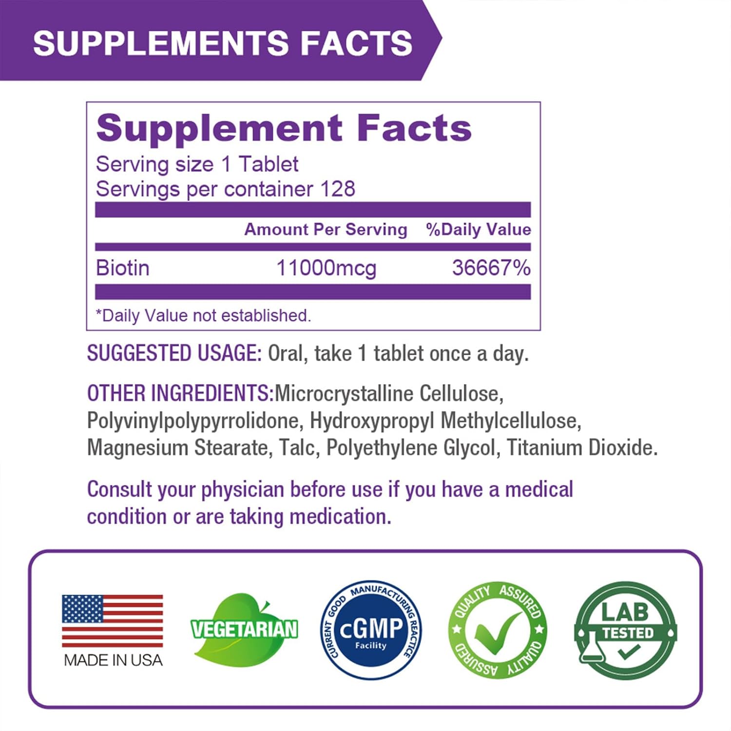 High Potency Lovita Biotin 11000mcg Tablets for Hair, Skin, and Nails Growth - 128 Vegetarian Dissolvable Tablets