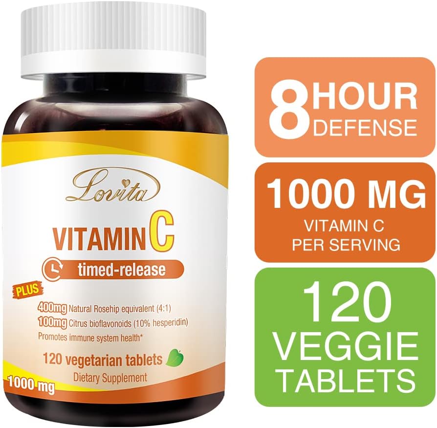High Potency Lovita Vitamin C with Bioflavonoids & Rose HIPS for Healthy Immune Function, 120 Vegetarian Tablets