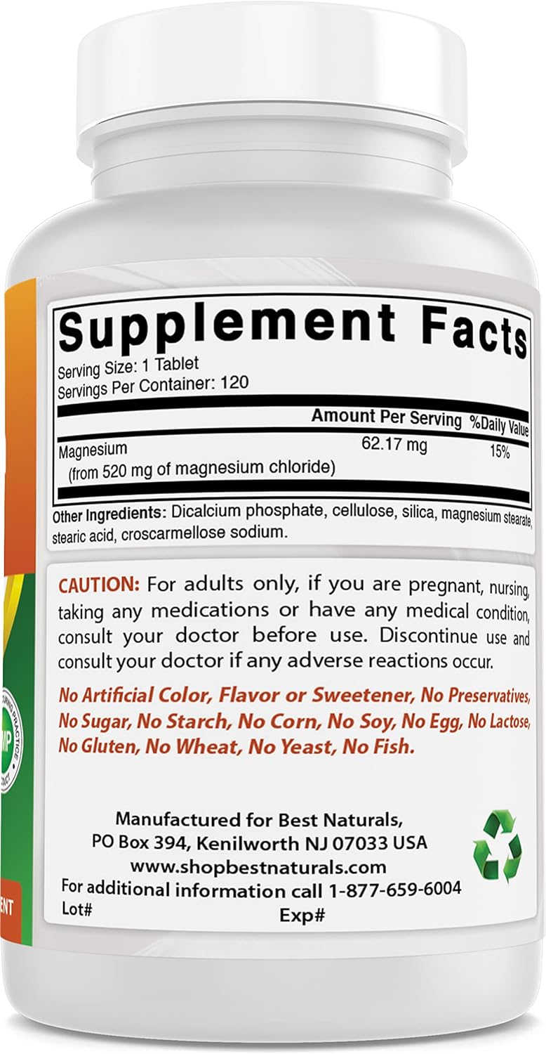 High Potency Magnesium Chloride Tablets - 520 mg, 120 Count - Natural Supplement for Muscle Function & Relaxation