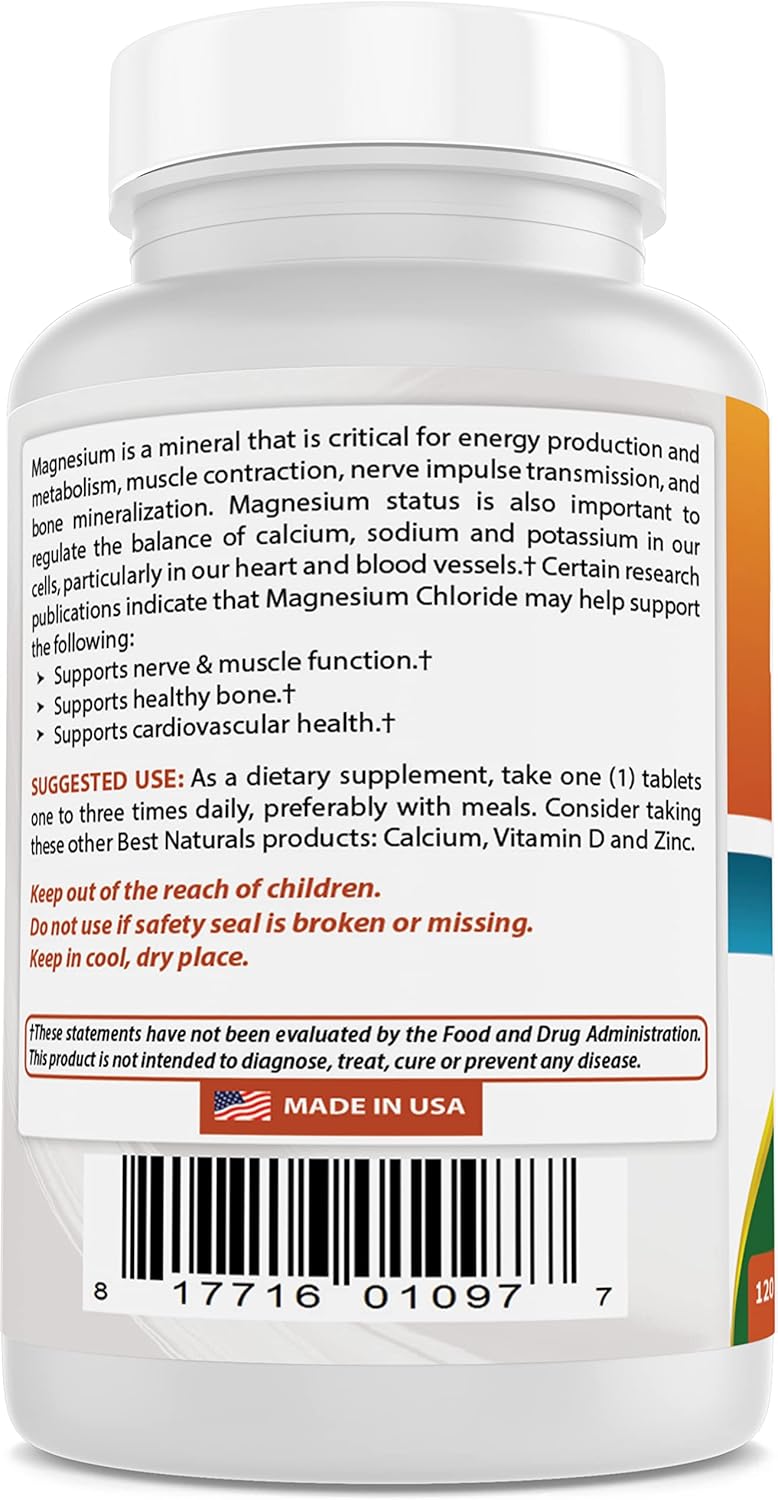 High Potency Magnesium Chloride Tablets - 520 mg, 120 Count - Natural Supplement for Muscle Function & Relaxation